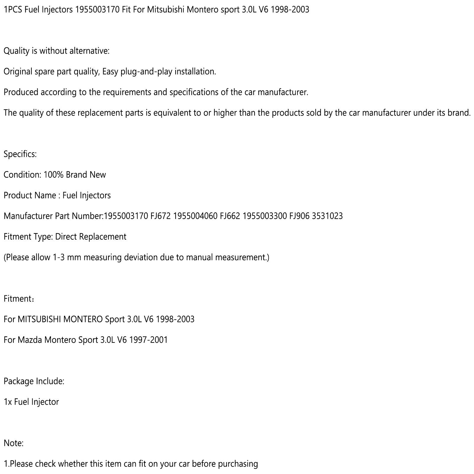 1 pièces injecteurs de carburant 1955003170 adaptés pour Mitsubishi Montero sport 3.0L V6 1998-2003 générique