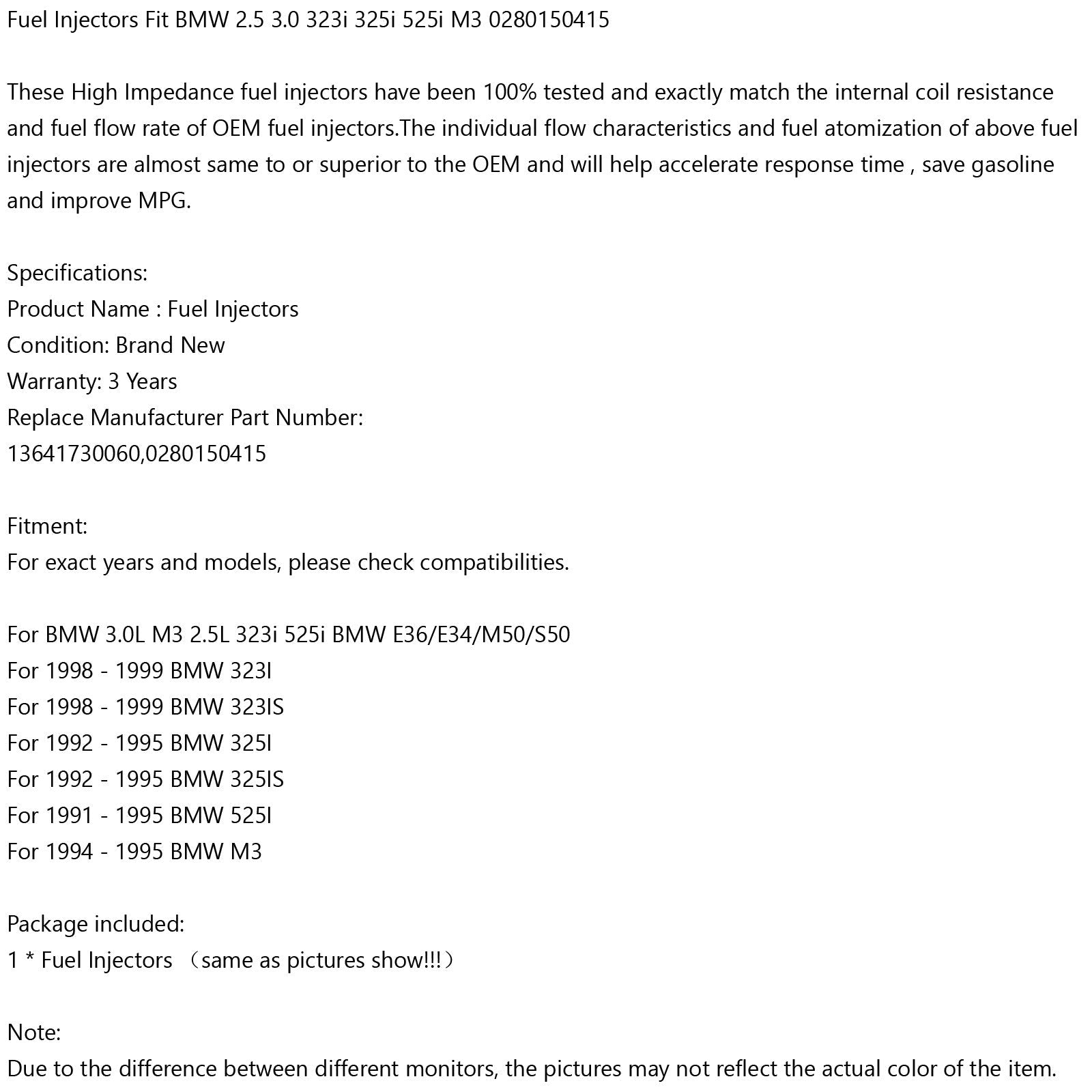 1kpl polttoainesuuttimet BMW 2.5 3.0 323i 325i 525i M3 0280150415 Generic