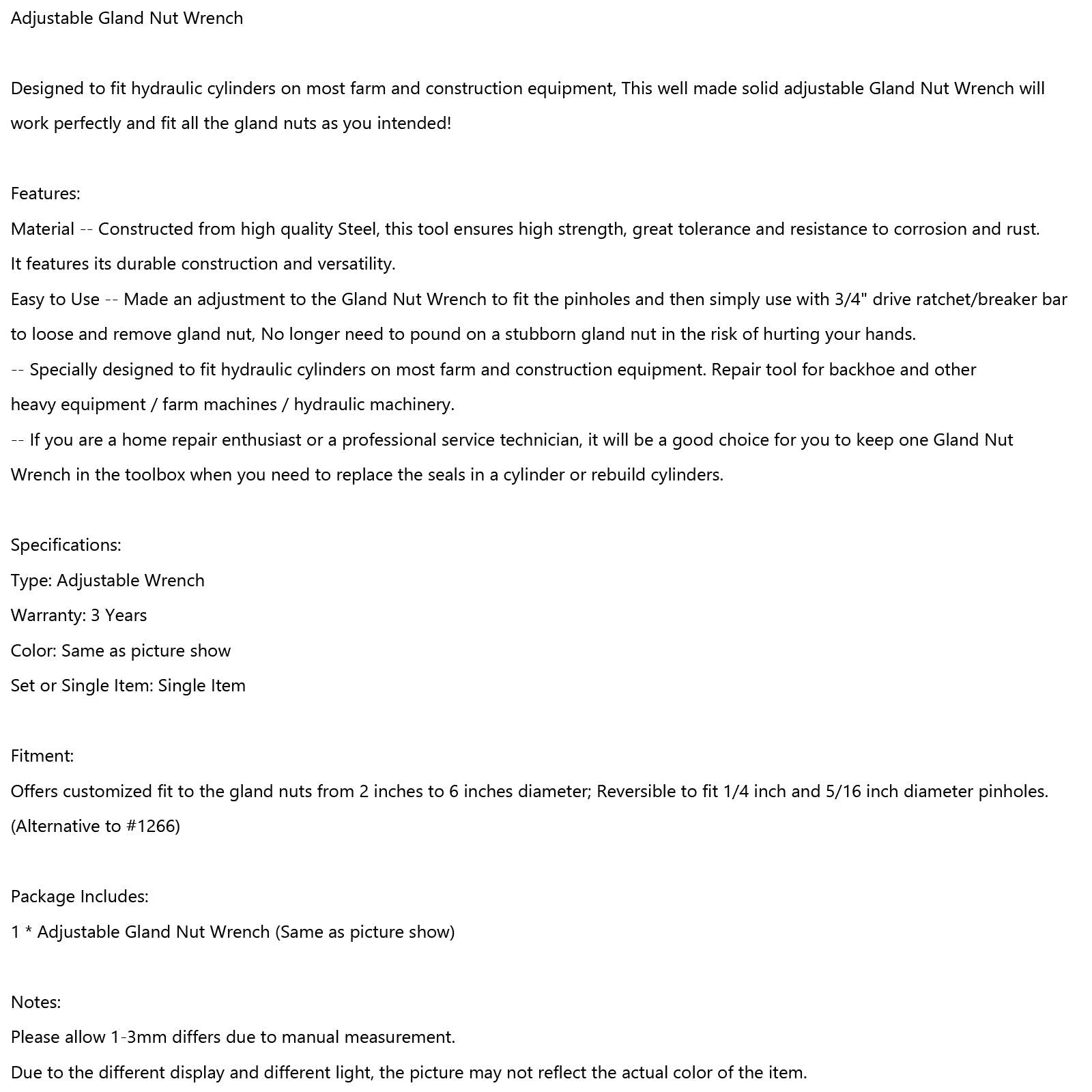 Regulowany klucz do nakrętek dławika przepustnicy 1266 Narzędzia do kluczy kołkowych Pasujące do ogólnych cylindrów hydraulicznych