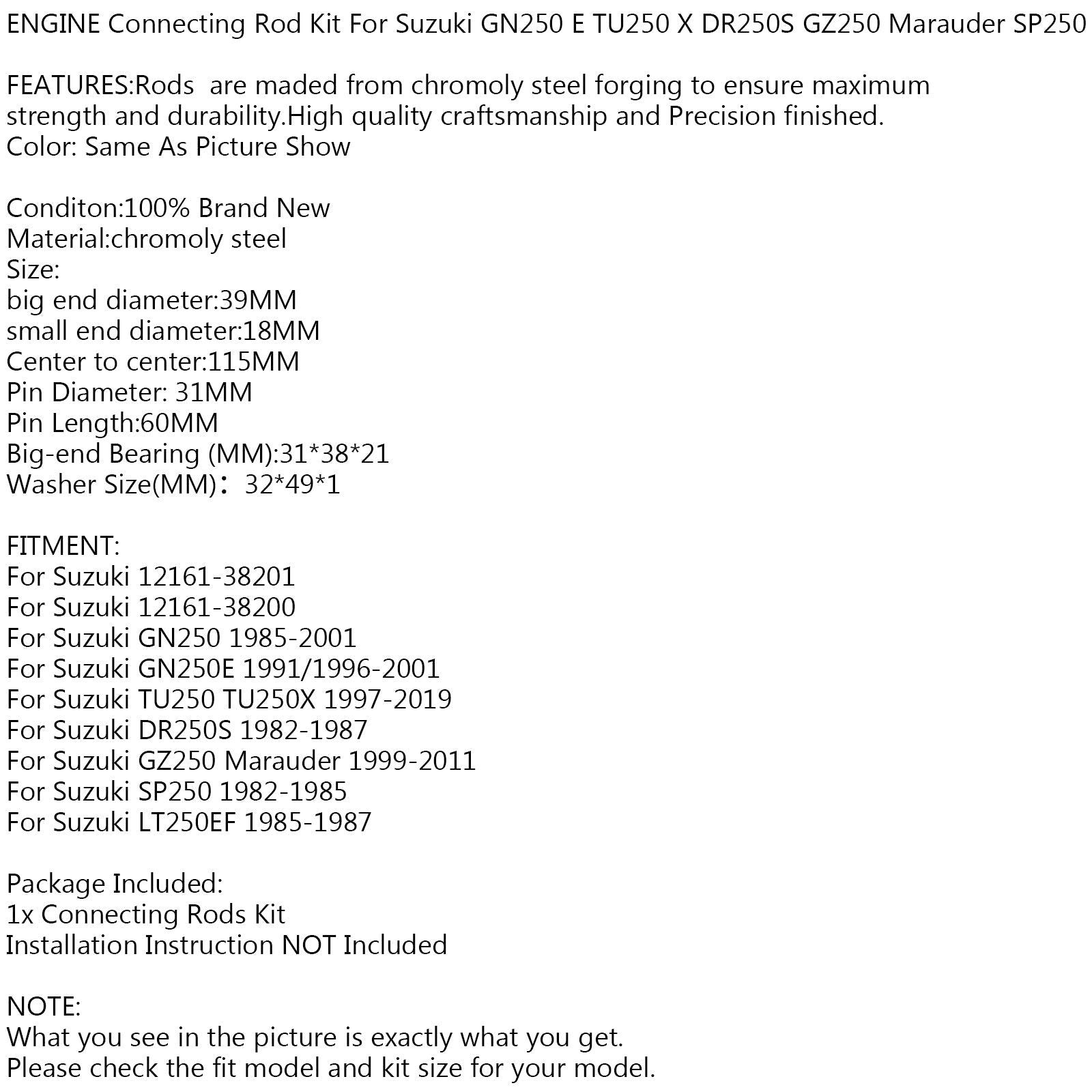 Kit biella manovella motore per Suzuki 12161-38201 GN DR TU GZ SP LT 250 EF Generico