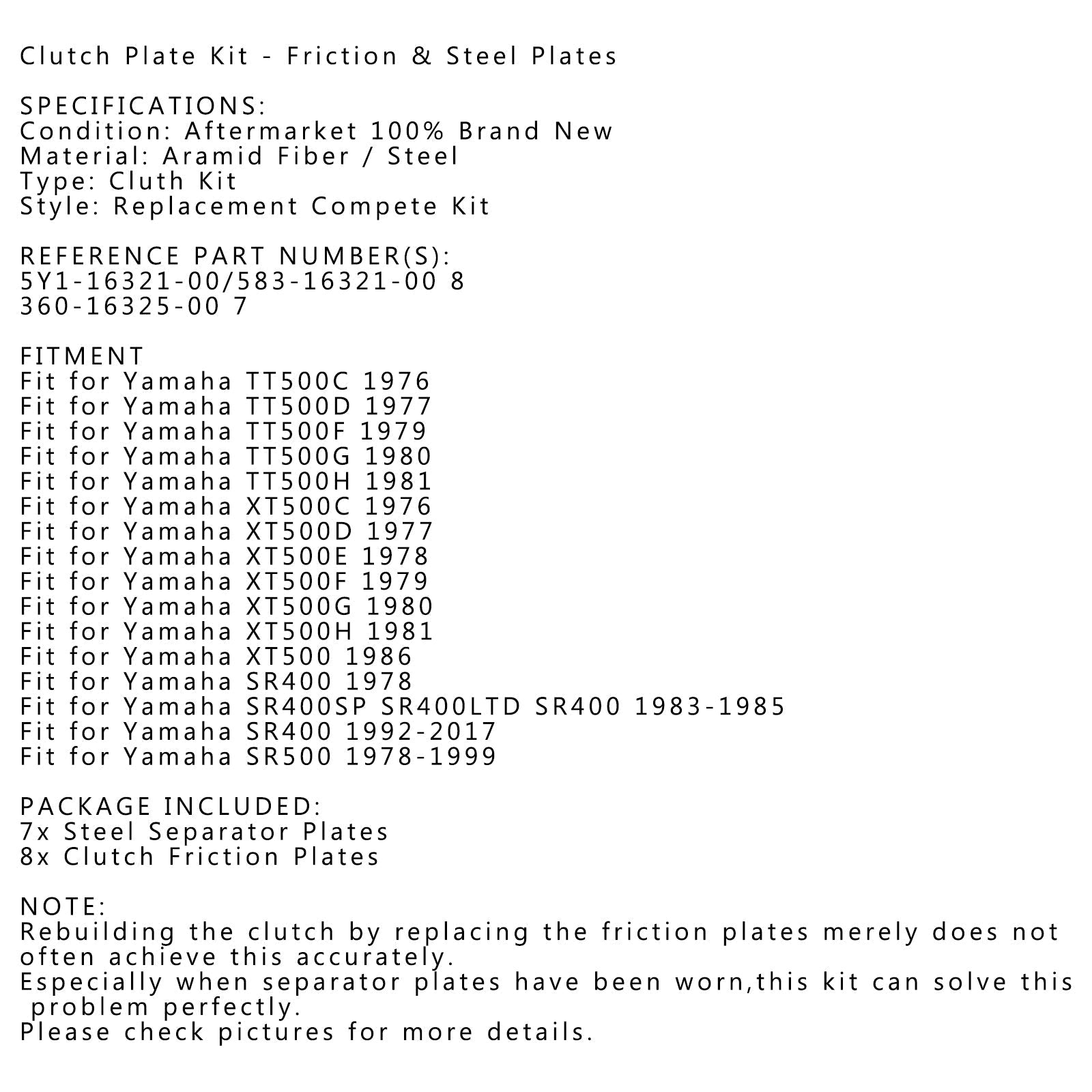 Kit d'embrayage en acier et plaques de friction pour Yamaha TT500 SR400 SR400SP SR500 générique