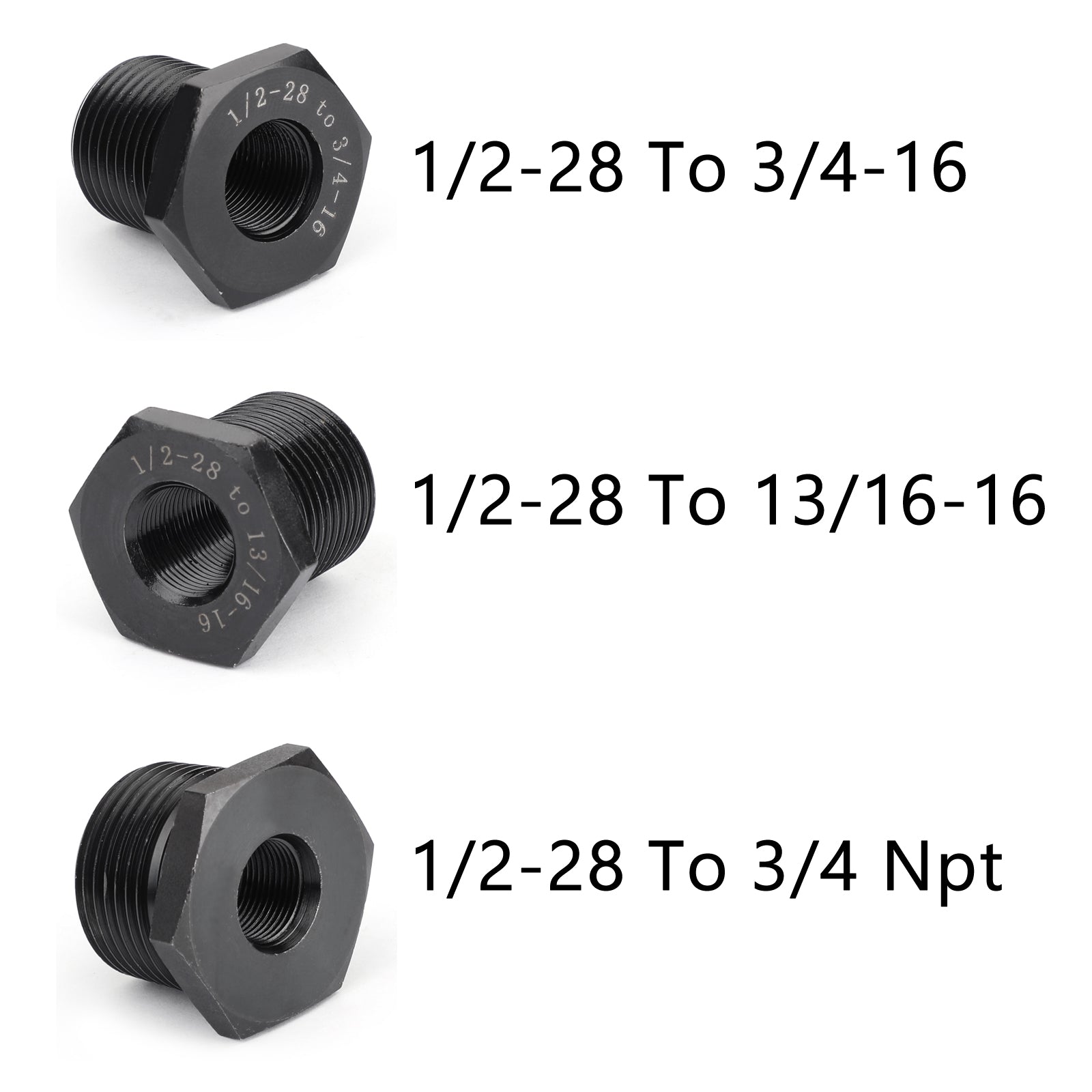 3 stuks 1/2-28 tot 3/4-16, 13/16-16, 3/4 NPT oliefilteradapters zwart nieuw generiek