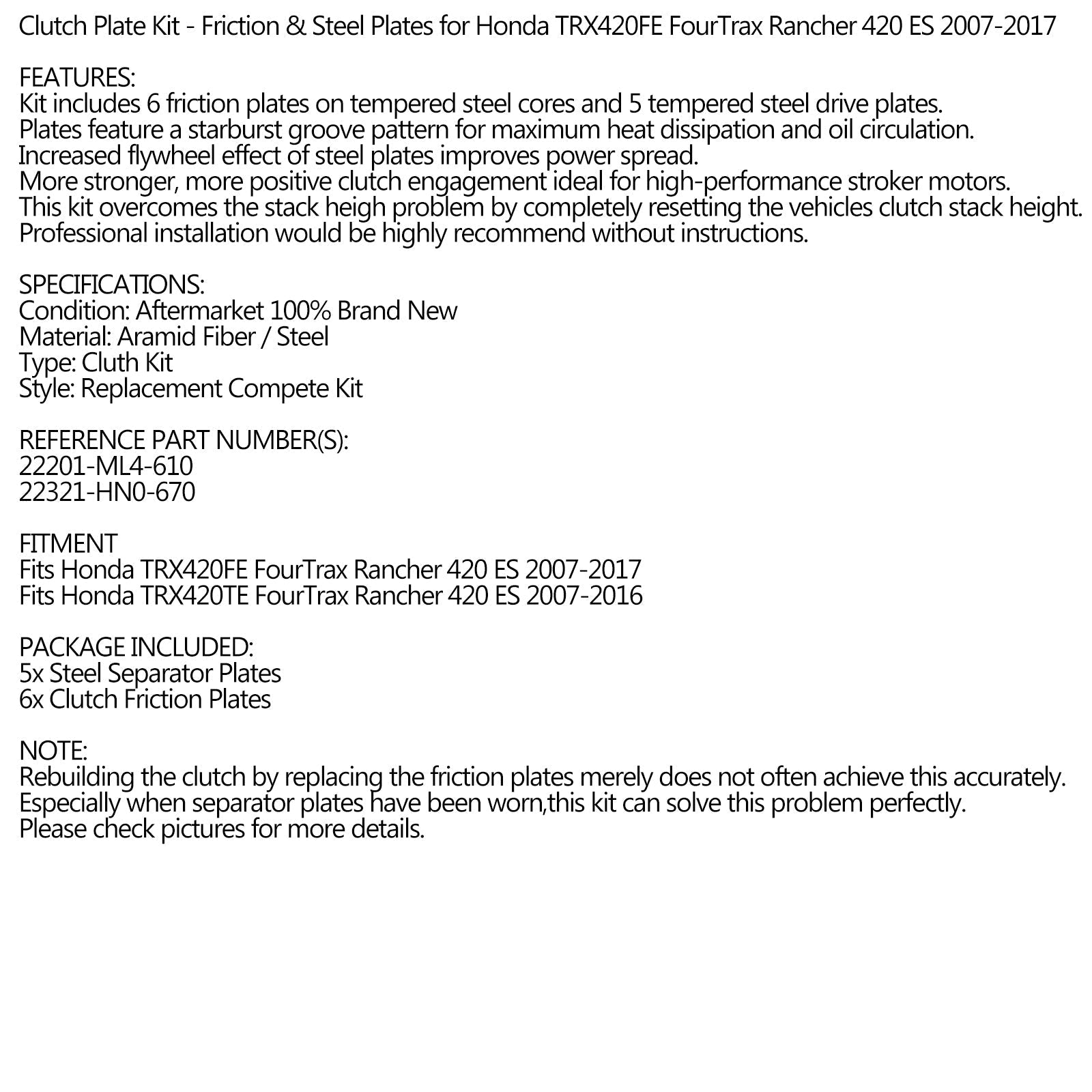 Kit Embrayage Acier & Disques Friction pour Honda TRX420FE FourTrax Rancher 2007-2017 Generic