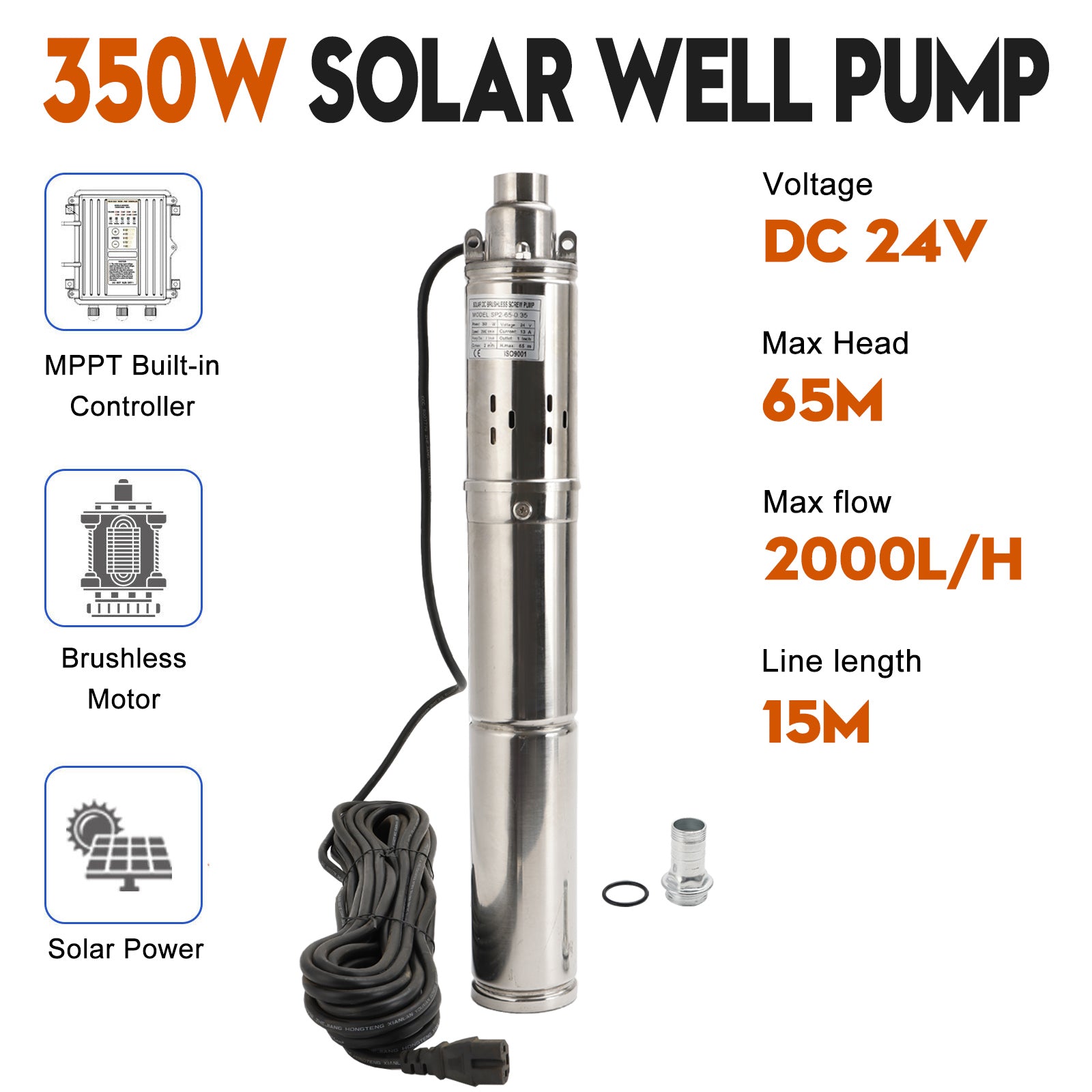 Pompa sommergibile solare per acqua profonda da 3" 24V 350W con MPPT integrato
