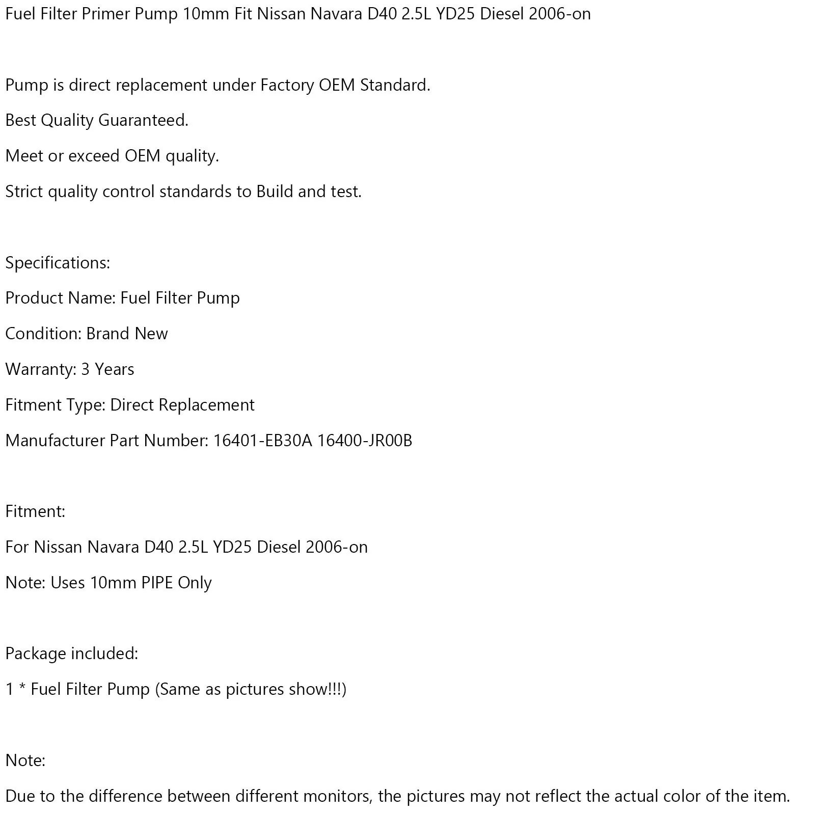 10 mm črpalka za kajenje filtra za gorivo za Nissan Navara D40 2,5L YD25 Diesel 2006-ON