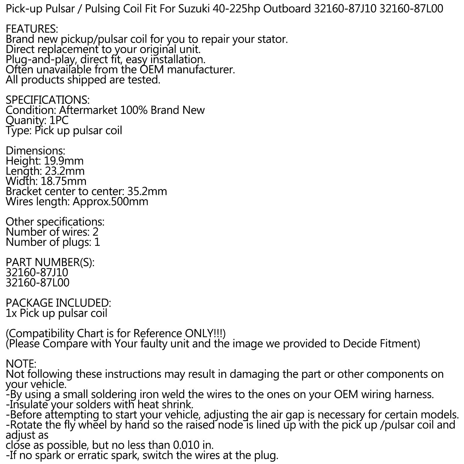 Areyourshop Pickup Coil Sensor voor Suzuki DF 40-140Hp 1998-2017 32160-87J10 32160-87L00