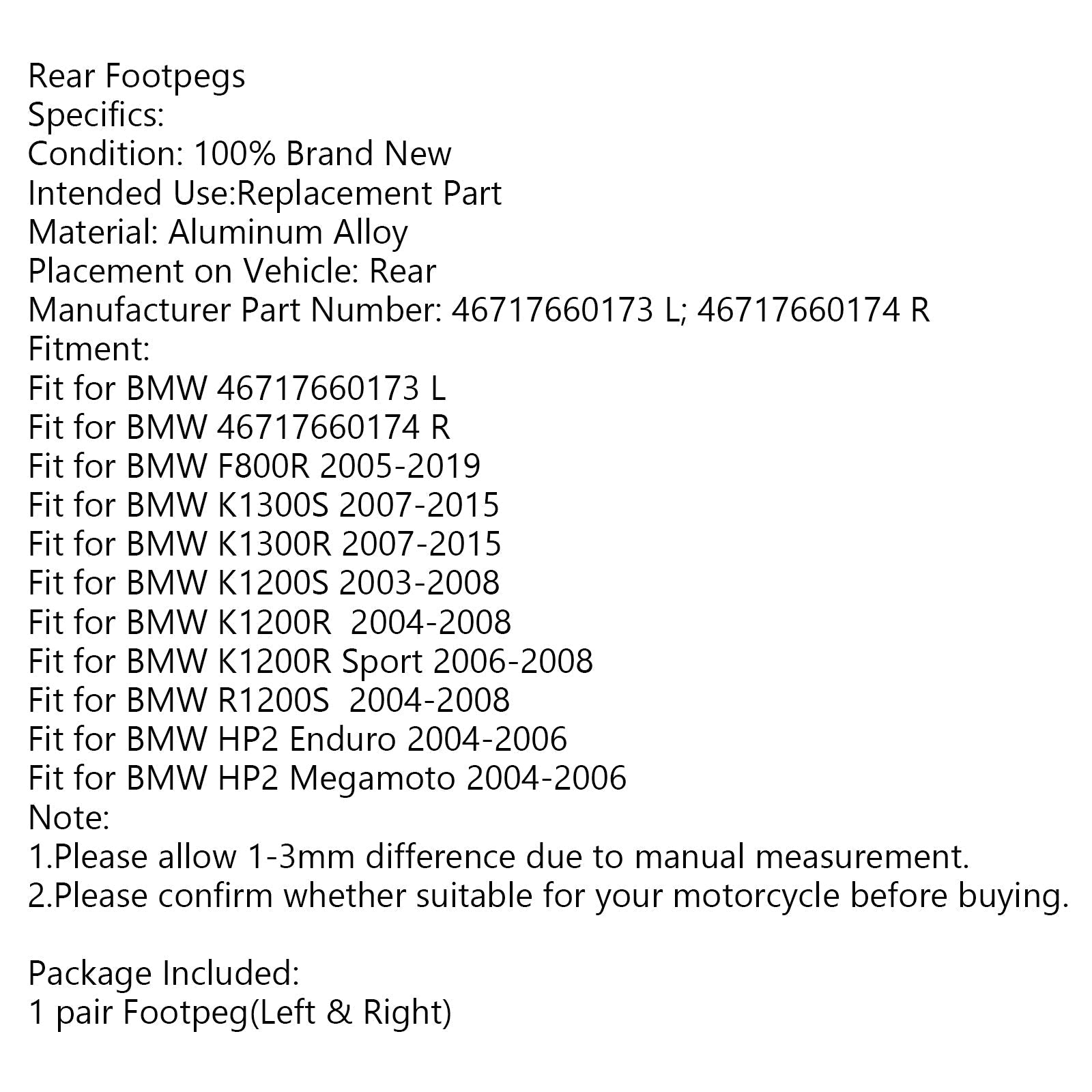 Takaosan jalkatapit Jalkatapit malleihin BMW F800R K1300S K1300R K1200S K1200R R1200S HP2 Generic