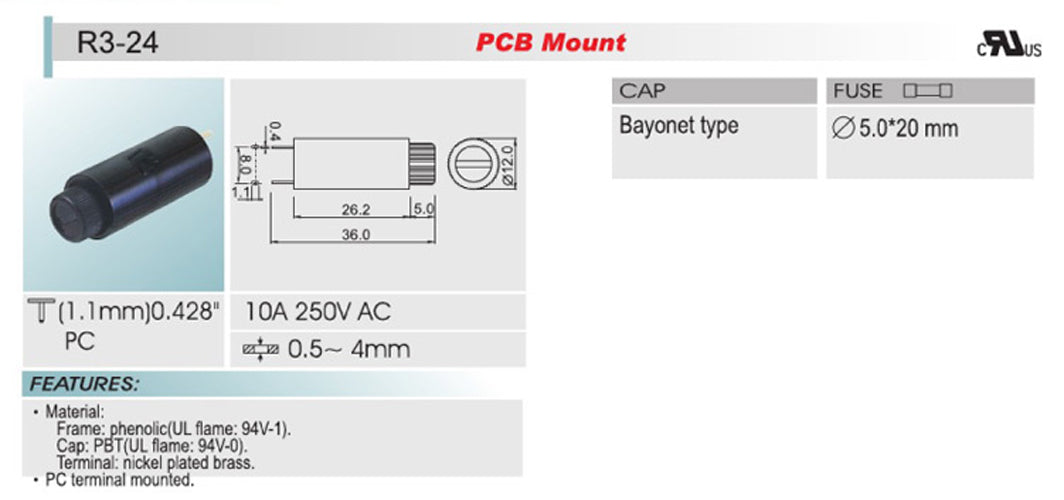 Sci R3-24 Vertical PCB Fush Fund za 5x20mm 10A 250V steklene varovalke