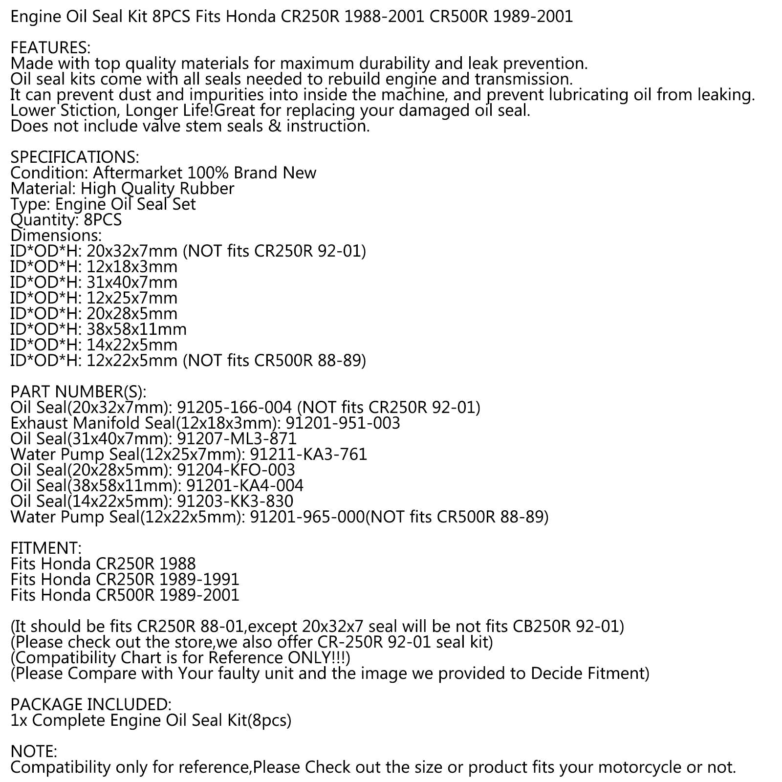 Kit completo paraolio motore - 8 pezzi per Honda CR250R 88-91 CR500R 89-01 CR-250R generico