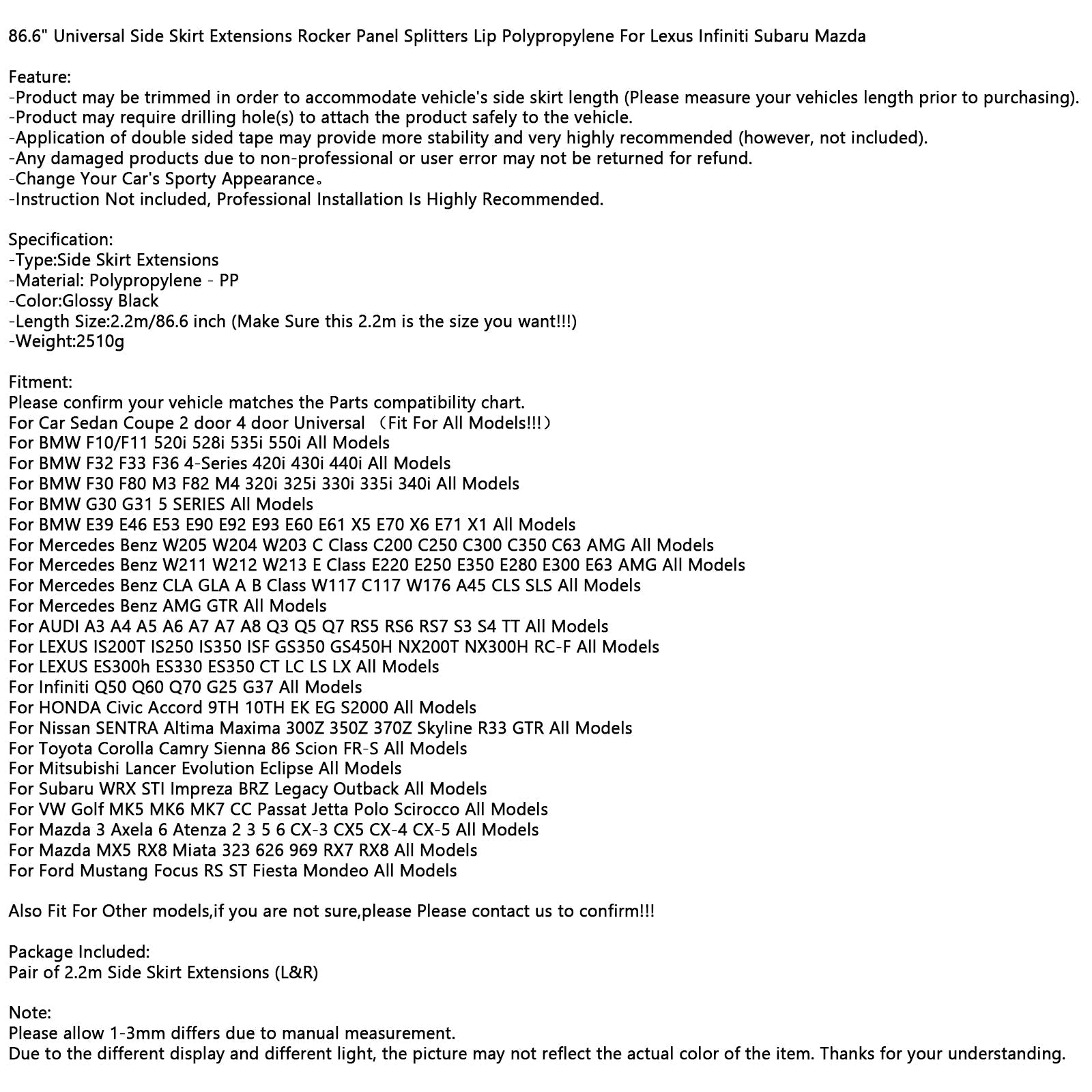 86.6" Universal Side Jupe Extensions Rocker Panel Splitters Lip Polypropylene Generic