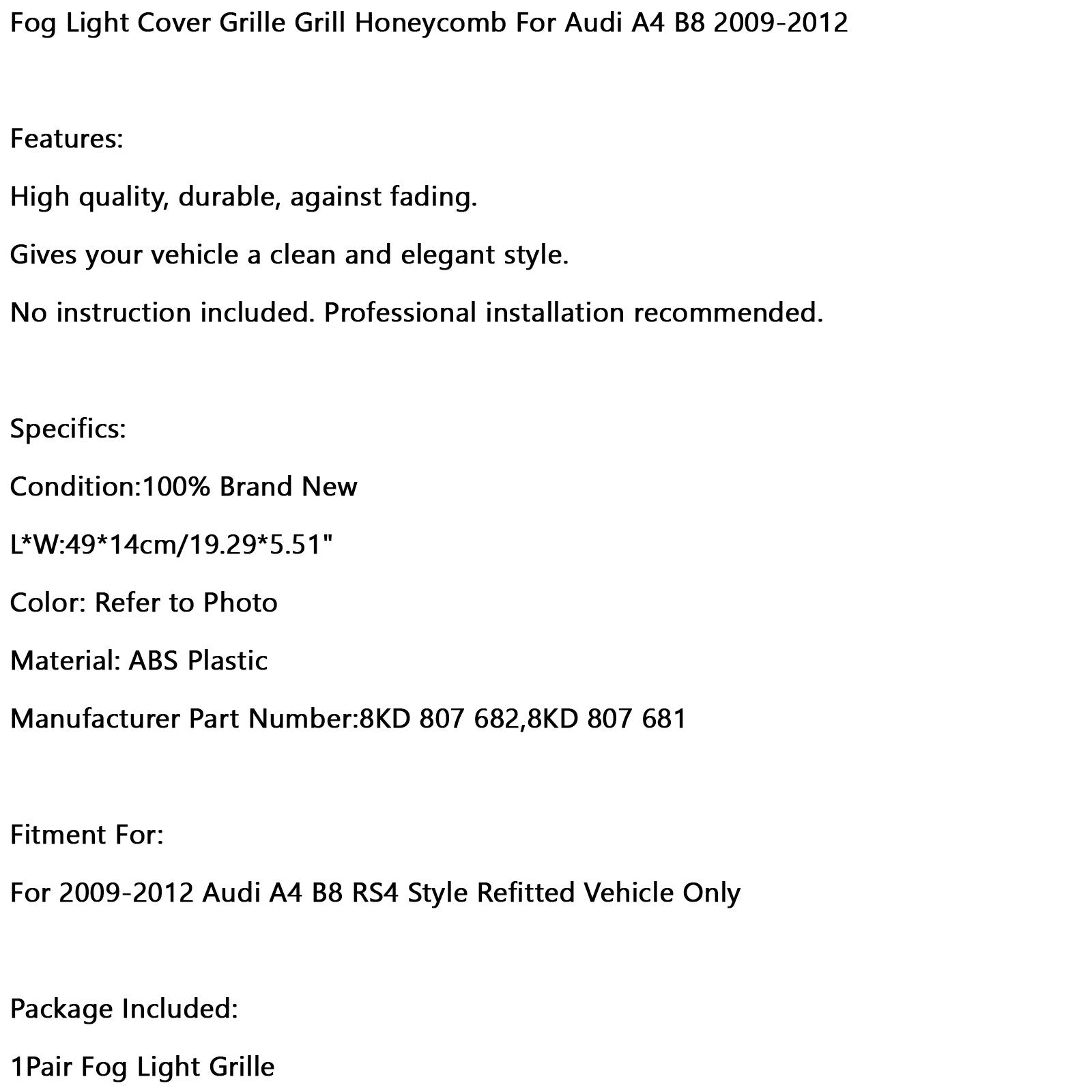 Par de luces antiniebla de panal de entrada de ventilación de aire abierto para Audi A4 B8 2009-2012 genérico