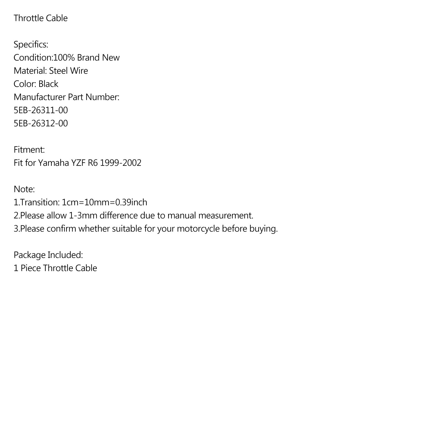 Gaskabel voor Yamaha YZF R6 1999-2002 5EB-26311-00 5EB-26312-00 Generiek