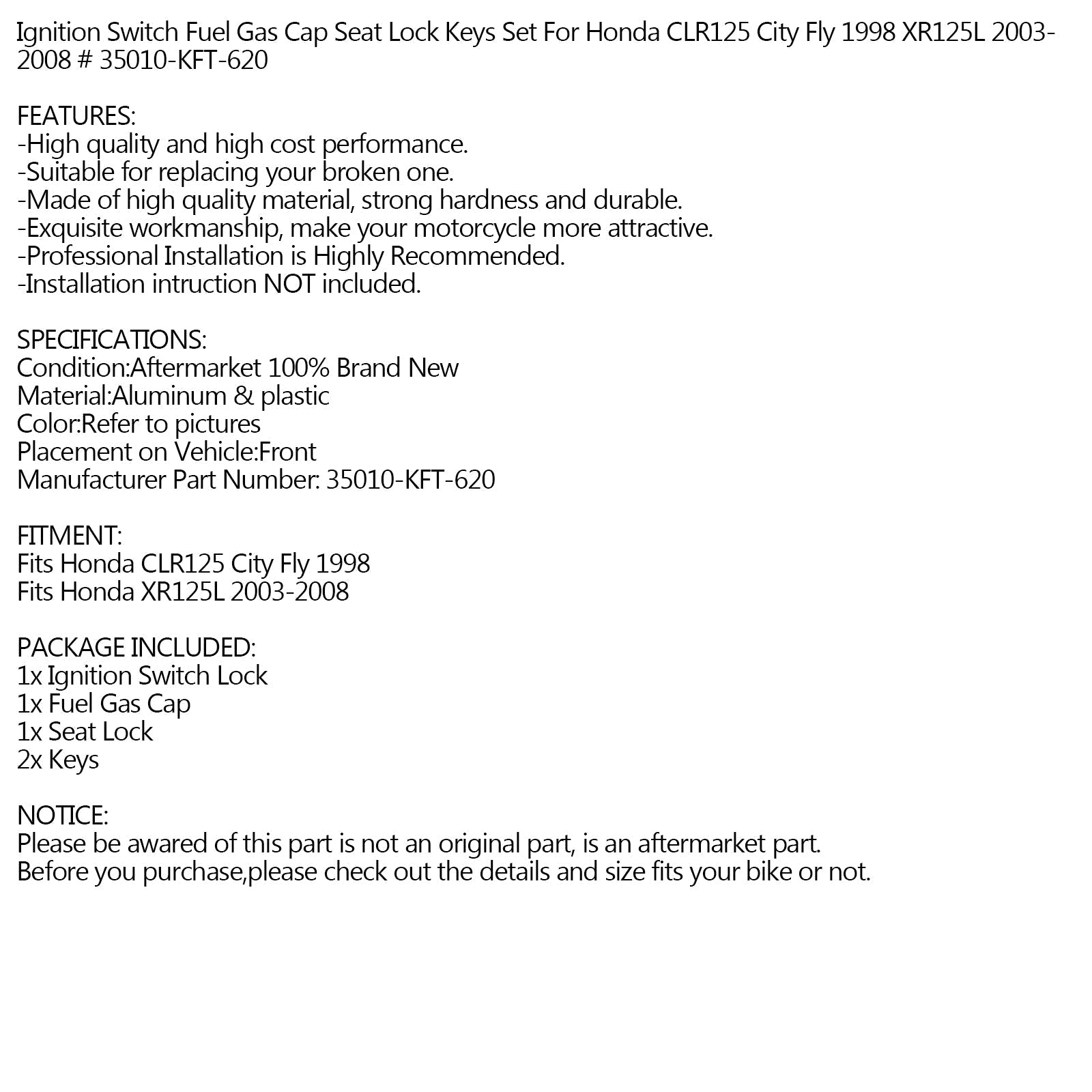 Interruptor de encendido, tapa de combustible, juego de llaves de bloqueo de asiento para Honda XR125L 03-08 CLR125 1998 genérico