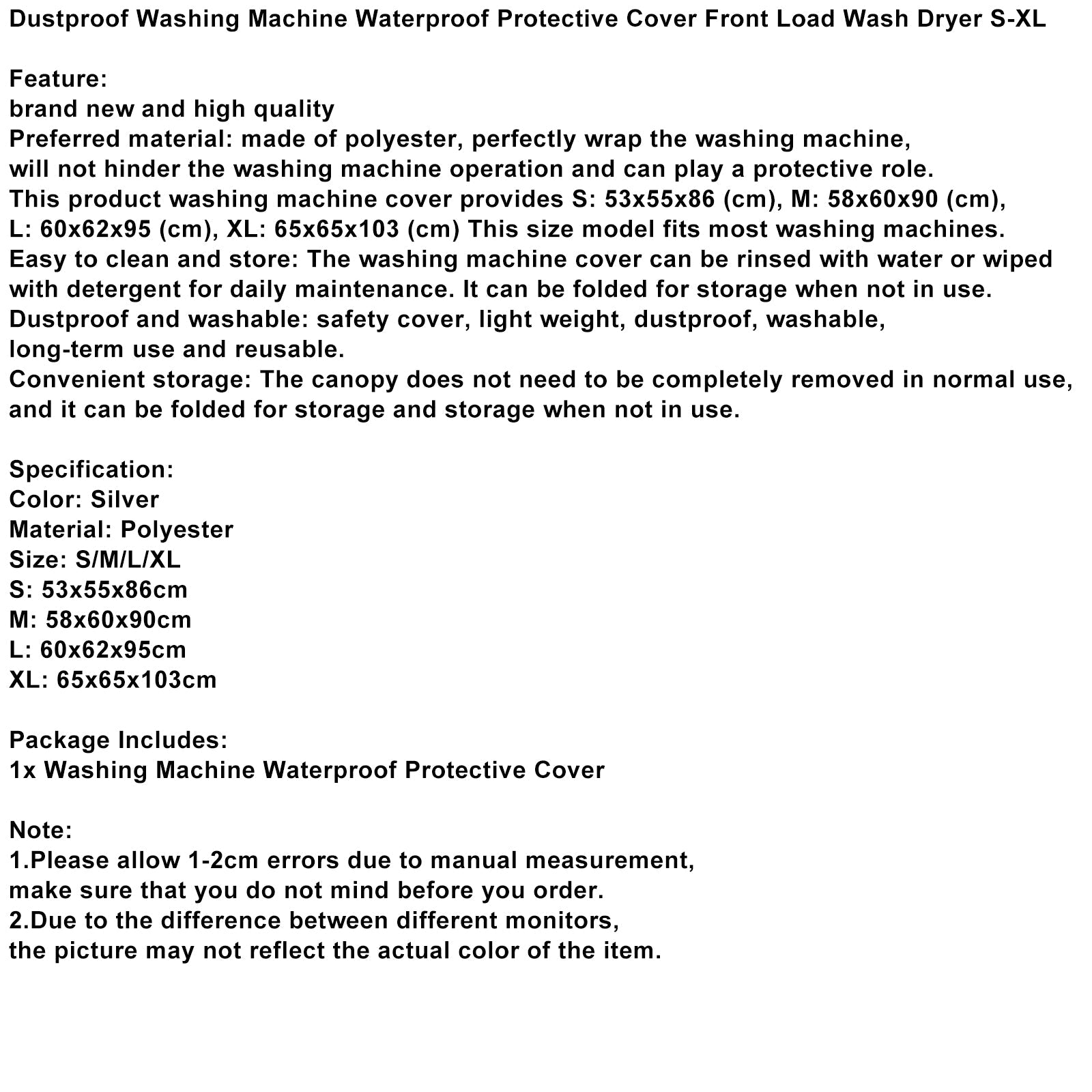 Vedenpitävä pölytiivis pesukoneen suojakansi M-XL