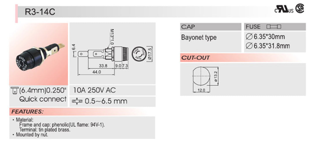 SCI R3-14C Support de fusible de châssis à montage sur panneau pour fusibles en verre 6x30mm 10A 250V