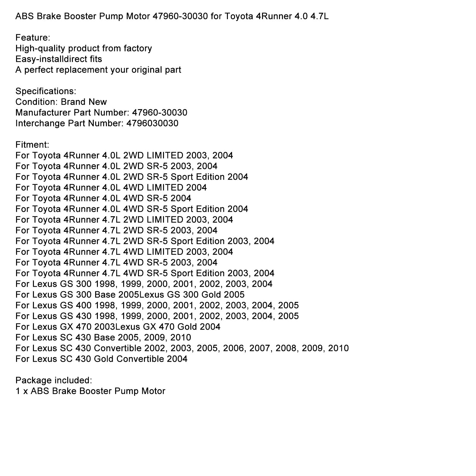 2003 2004 Toyota 4Runner 4.0L 4.7L ABS Moteur de pompe de surpression de frein 47960-30030 Fedex Express
