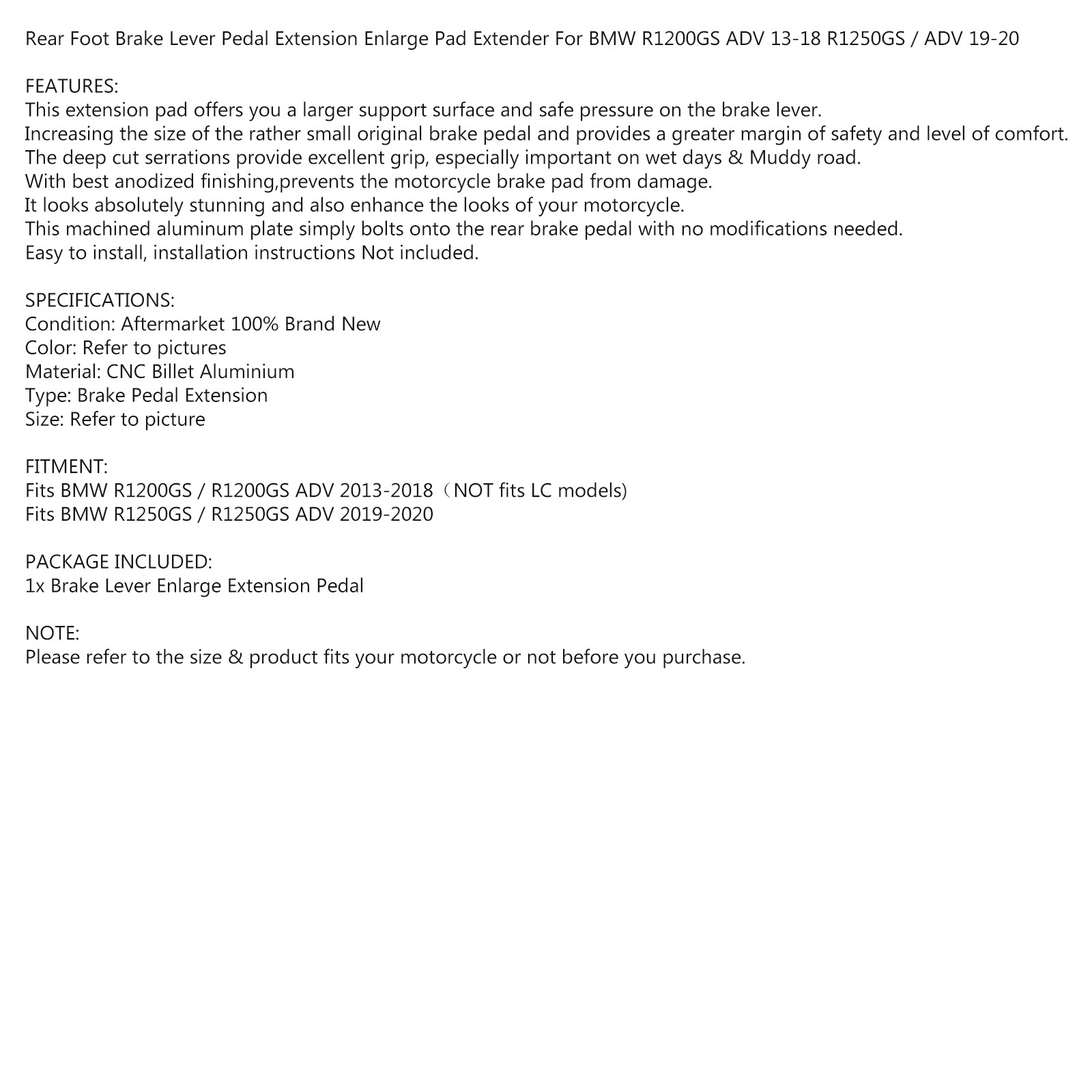 Przedłużenie dźwigni hamulcowej stóp dla BMW R1200GS Adv 13-18 R 1200 GS Adv 14 Generic