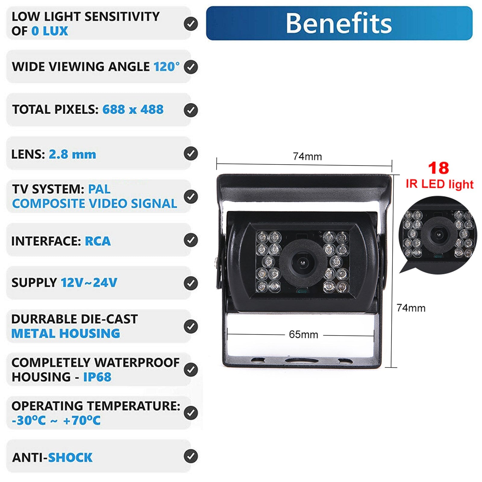 Auto achteruitrijcamera 18 IR CCD Heavy Duty achteruitrijcamera 12-24V