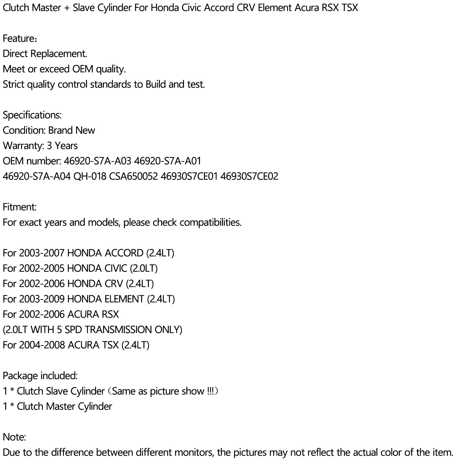 Główny siłownik sprzęgła pasuje do Hondy Civic Accord CRV Element Acura RSX TSX Generic