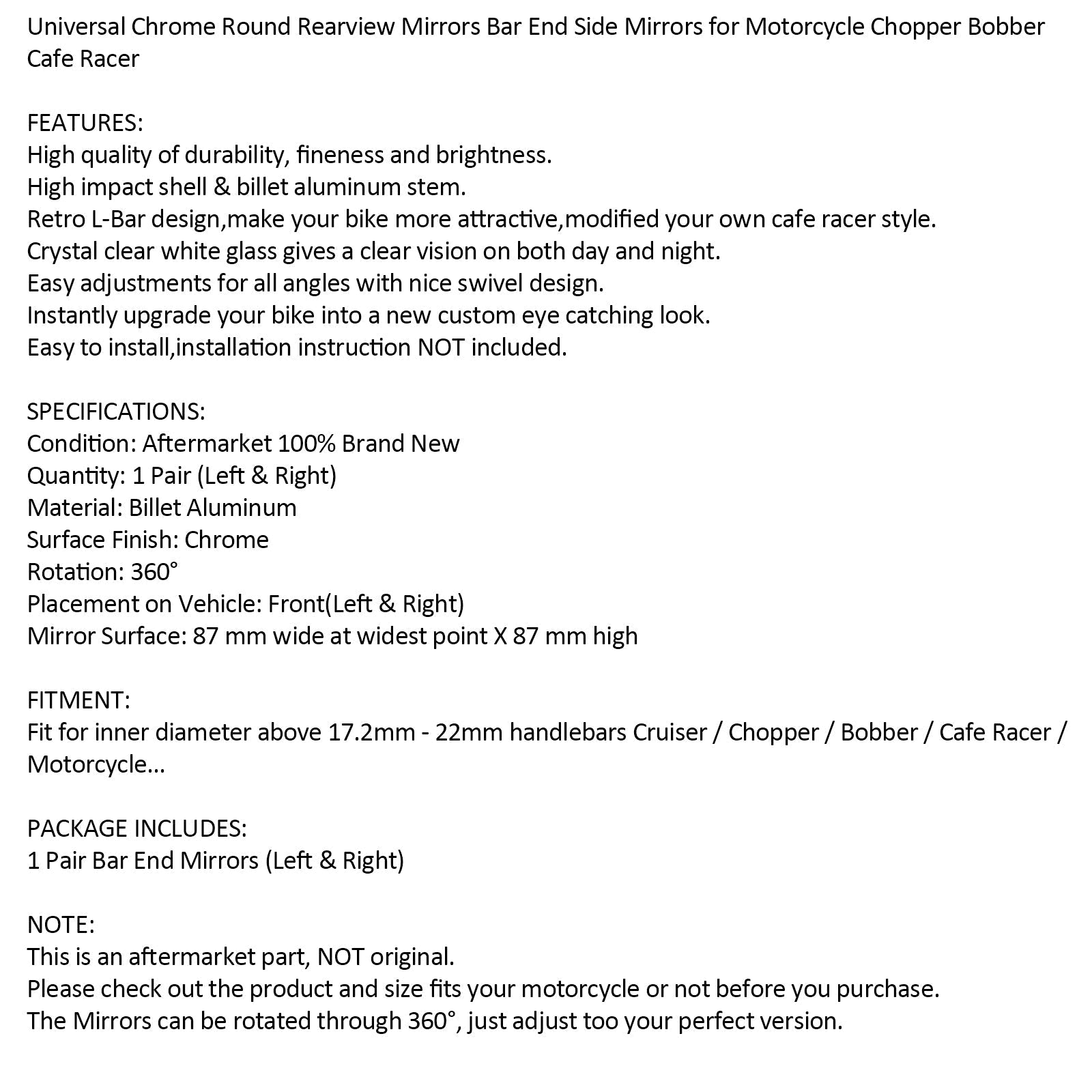 Rétroviseurs d'extrémité de guidon chromés pour moto Cafe Racer Old School Clubman 22mm générique