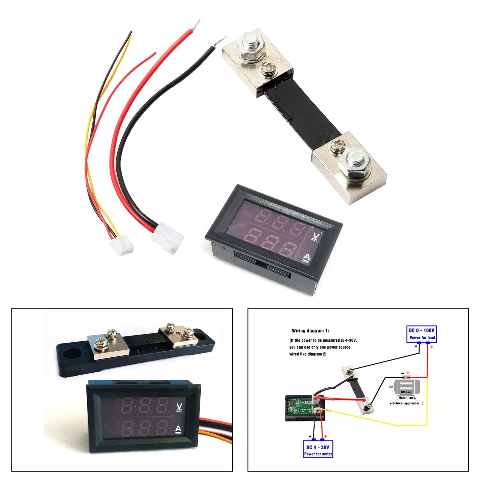 Voltmetro Amperometro Digitale LED Doppio DC 100V 10-100A Con Shunt – Misuratore Di Corrente