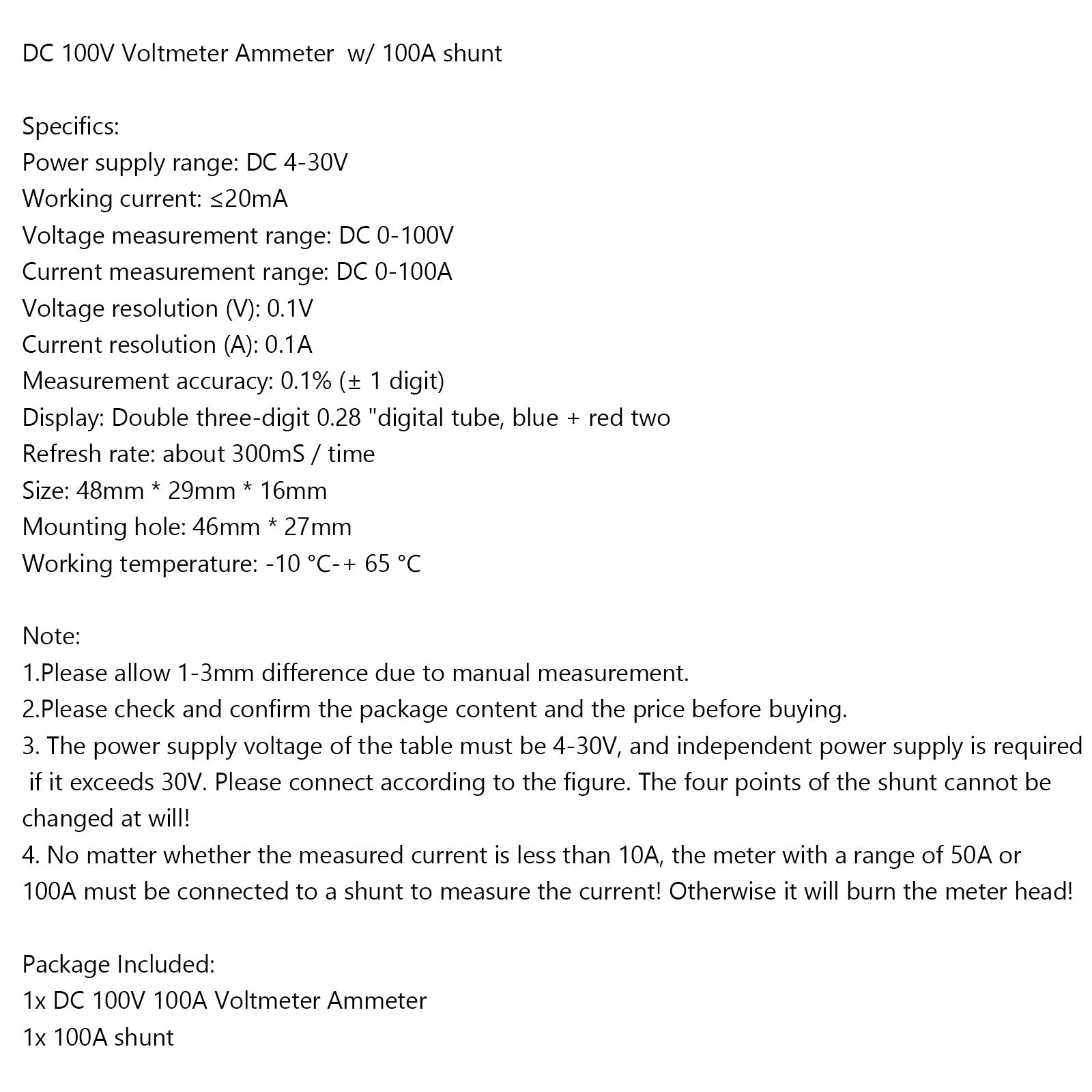 DC 100A 100V Cyfrowy woltomierz Woltomierz Amperomierz Niebieska czerwona dioda LED Bocznik prądowy