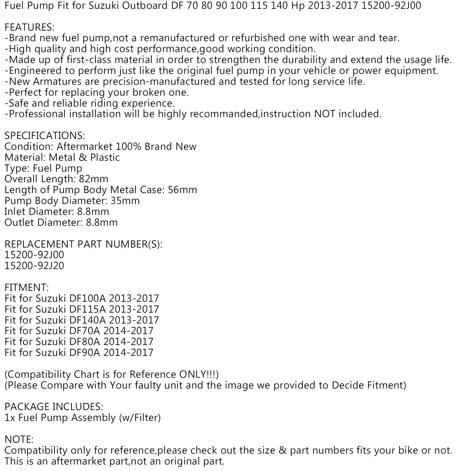 Pompa Carburante per Fuoribordo Suzuki DF 70 80 90 100 115 140 Hp 2013-2017 15200-92J00 Generico