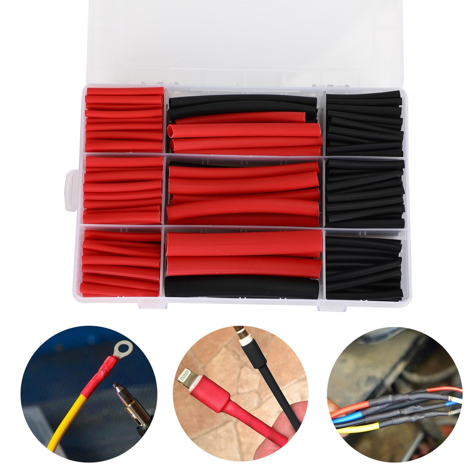 300 pièces Kit de gaines thermorétractables 3: 1 Ratio double paroi adhésive doublée Kit noir rouge