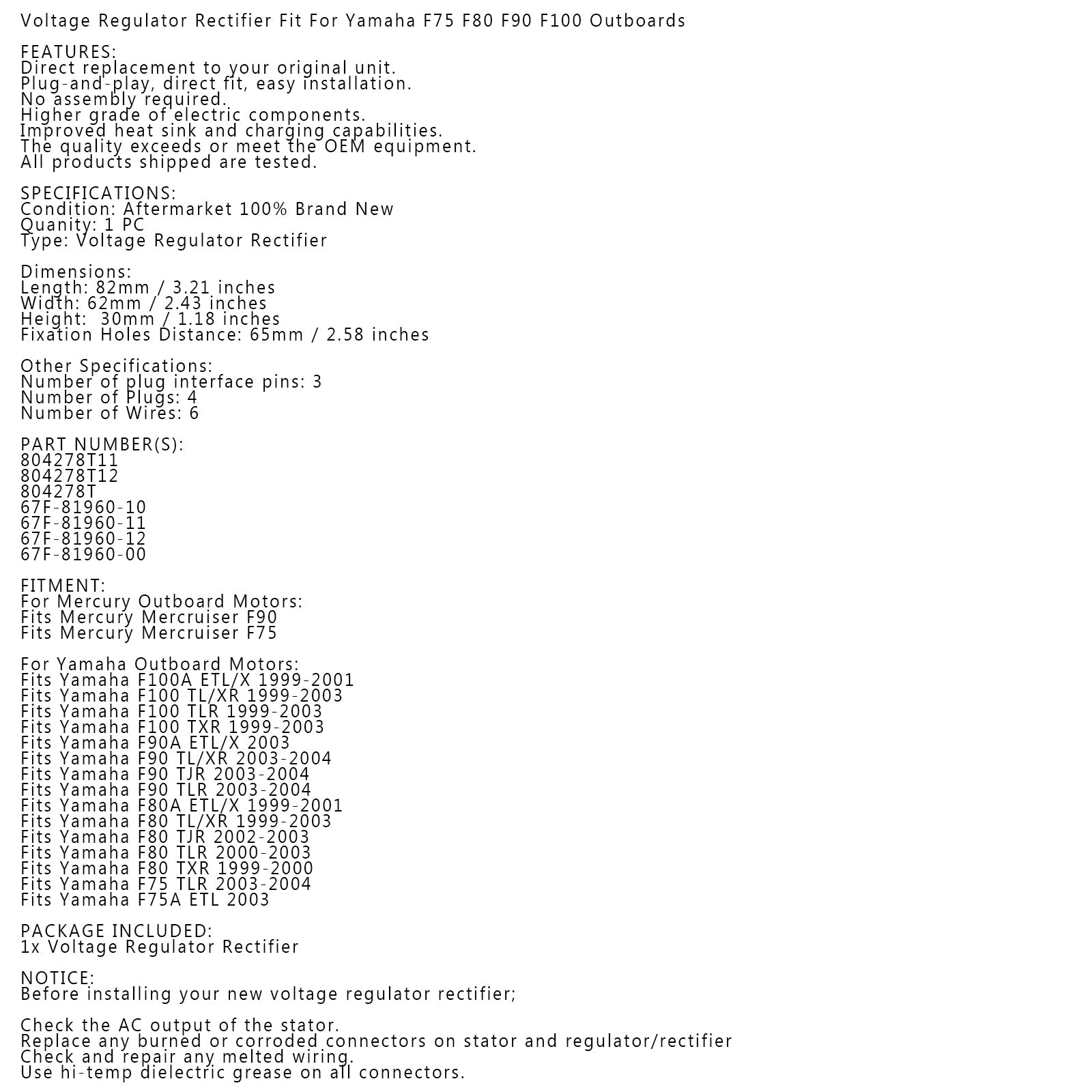 Raddrizzatore Regolatore per Fuoribordo Yamaha 75 80 90 100 HP 4 Tempi 67F-81960-11 Generico