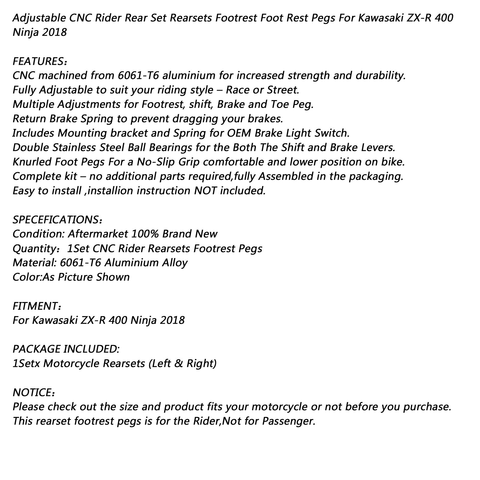 Pilot steruje tylnymi zestawami podnóżka dla Kawasaki ZX-R 400 Ninja 2018-2019 Generic Generic