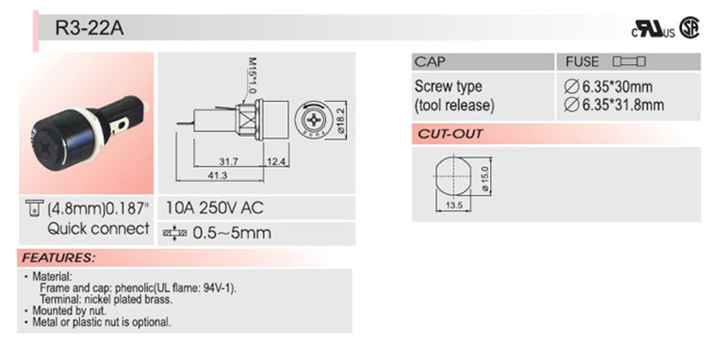 Sci R3-22 Podpora financiranja financiranja montainting na nogavicah za steklene sklade 6x30mm 10A 250V