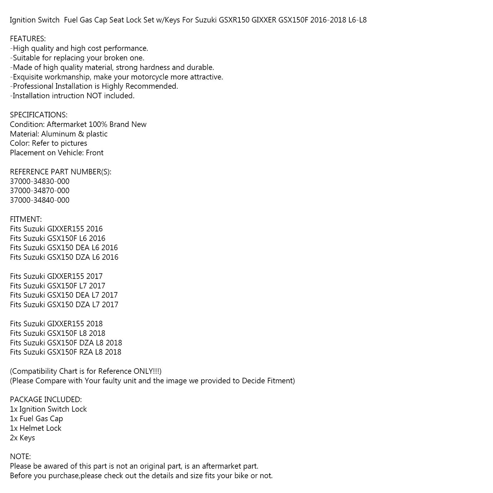 Wyłącznik zapłonu zespół zamka korka paliwa pasuje do Suzuki GSX150 GIXXER155 2016-2018 Generic