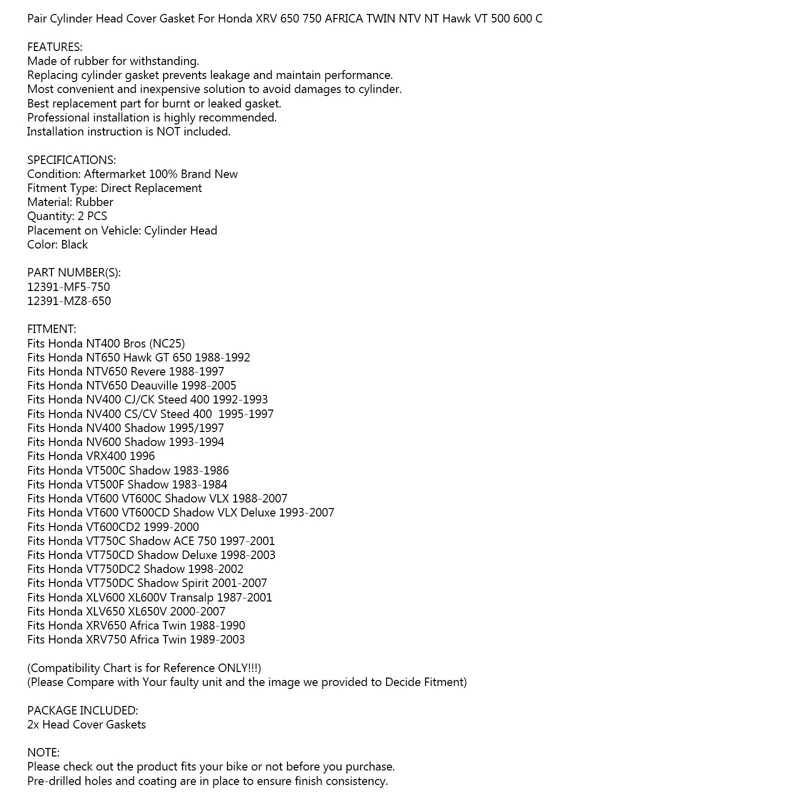2x Kleppendeksel Pakking voor Honda XRV 650 750 AFRIKA TWIN NTV NT Hawk VT 500 600 C Generieke