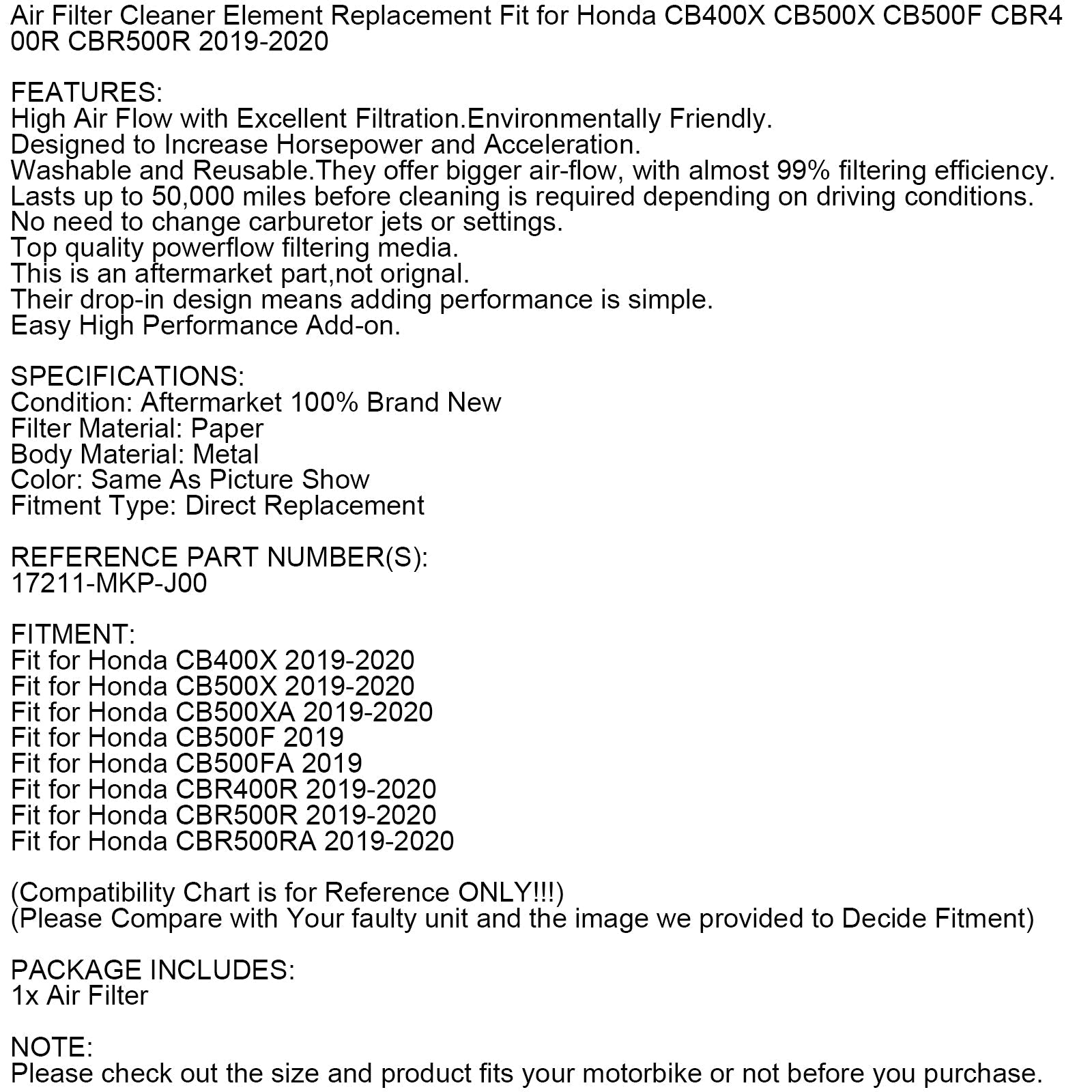 Zamenjava zračnega filtra za Honda CB400X CB500 X/F CBR400R CBR500R 2019-2020 Generic