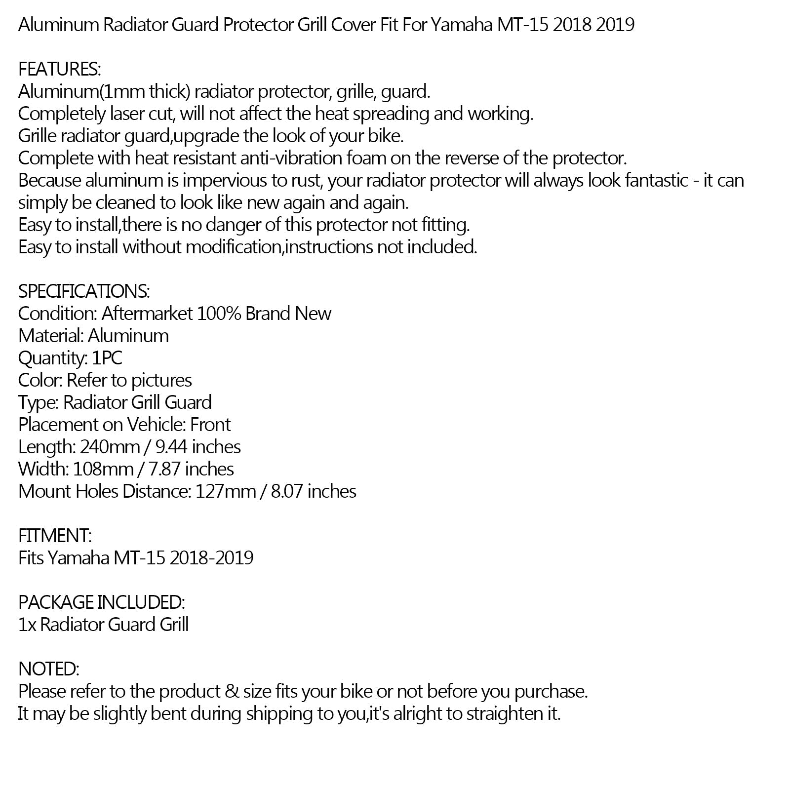 Musta alumiininen jäähdyttimen suojasuoja Yamaha MT-15 MT15 2018-2019 Generic