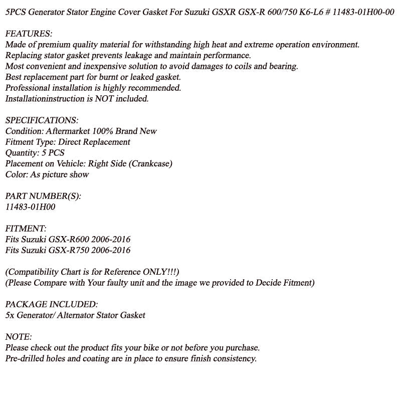 5 sztuk uszczelka stojana skrzyni korbowej silnika dla Suzuki GSX-R 600/750 2006-2016 11483-01H00 Generic