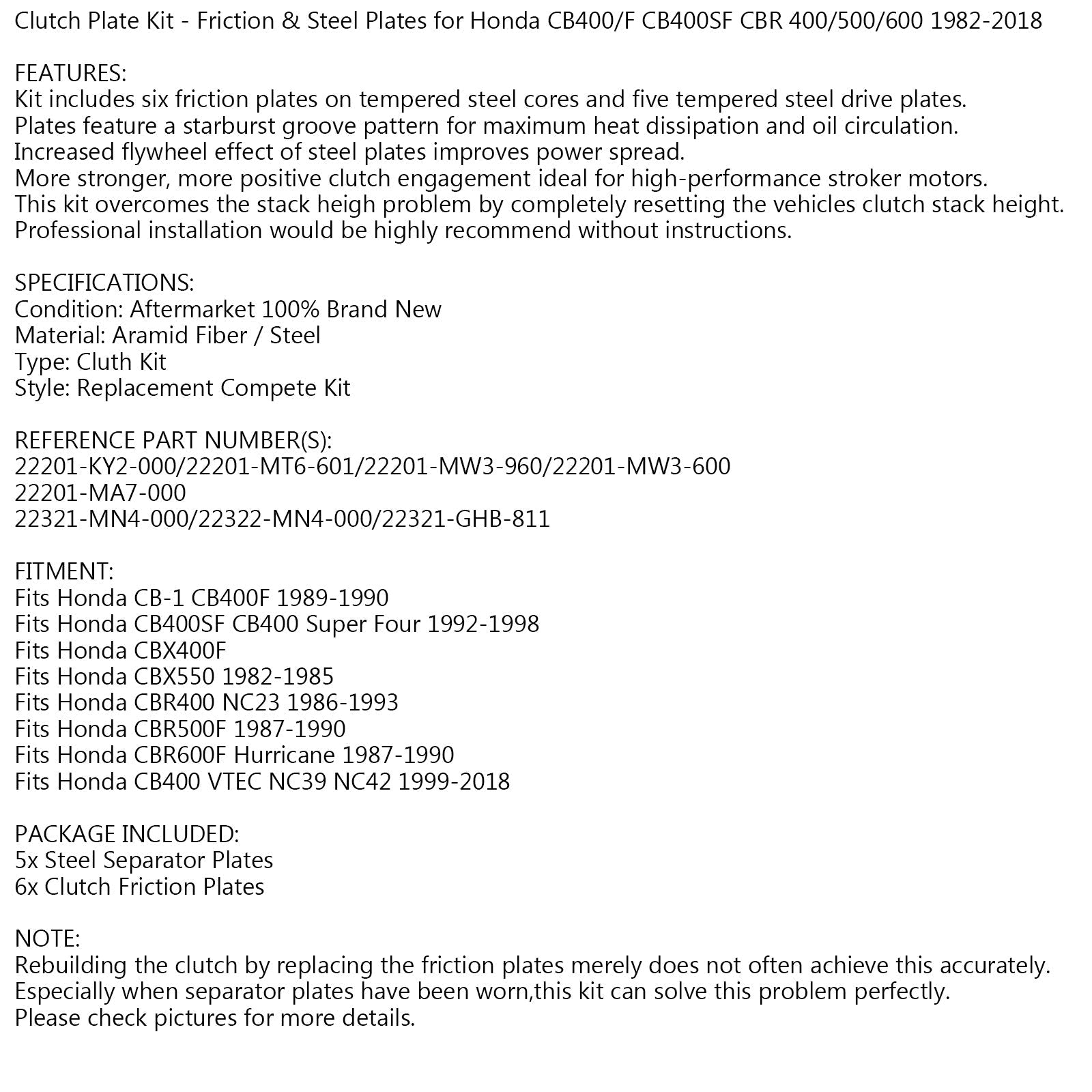 Kit Disques Embrayage Friction & Disques Acier pour Honda CB CBX CBR 400 500 600 92-18 Generic