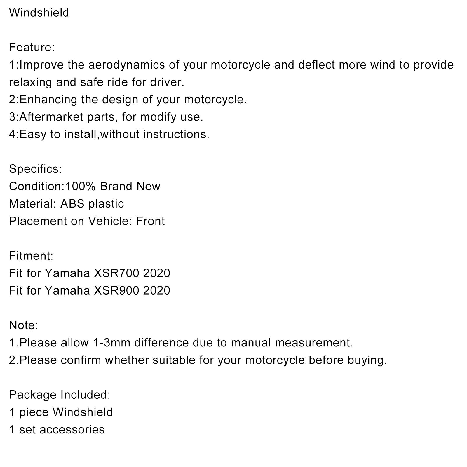 Parabrezza motociclistico in plastica ABS per Yamaha XSR700 XSR900 2020 Generico