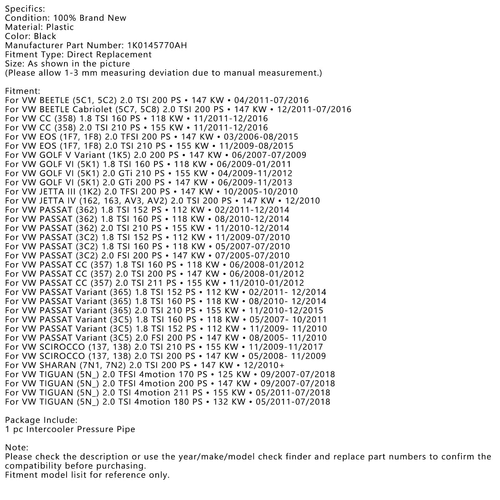 Tubo pressione intercooler per VW TIGUAN PASSAT Variant 3C5 362 MK6 2008-2013 generico