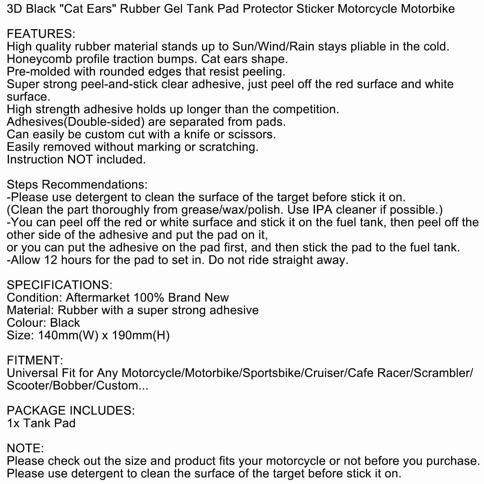 Protecteur de réservoir de moto en caoutchouc 3D Autocollant de colonne vertébrale de moto "Oreilles de chat" Look générique