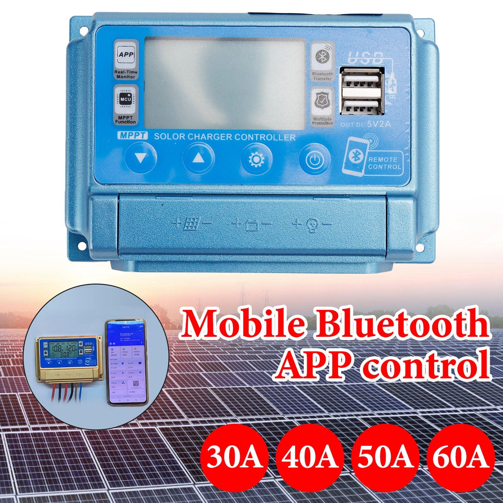 30A/40A/50A/60A MPPT Bluetooth App solare di caricamento solare 12V-60V o