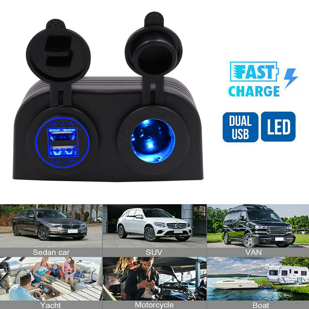Chargeur 2 en 1 + allume-cigare 12 V/24 V panneau 2 trous adapté pour voiture de bateau