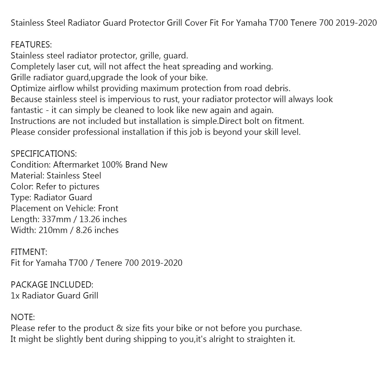 Jäähdyttimen suojasäleikkö Yamaha XTZ700 Tenere 700 2019-2020 Generic