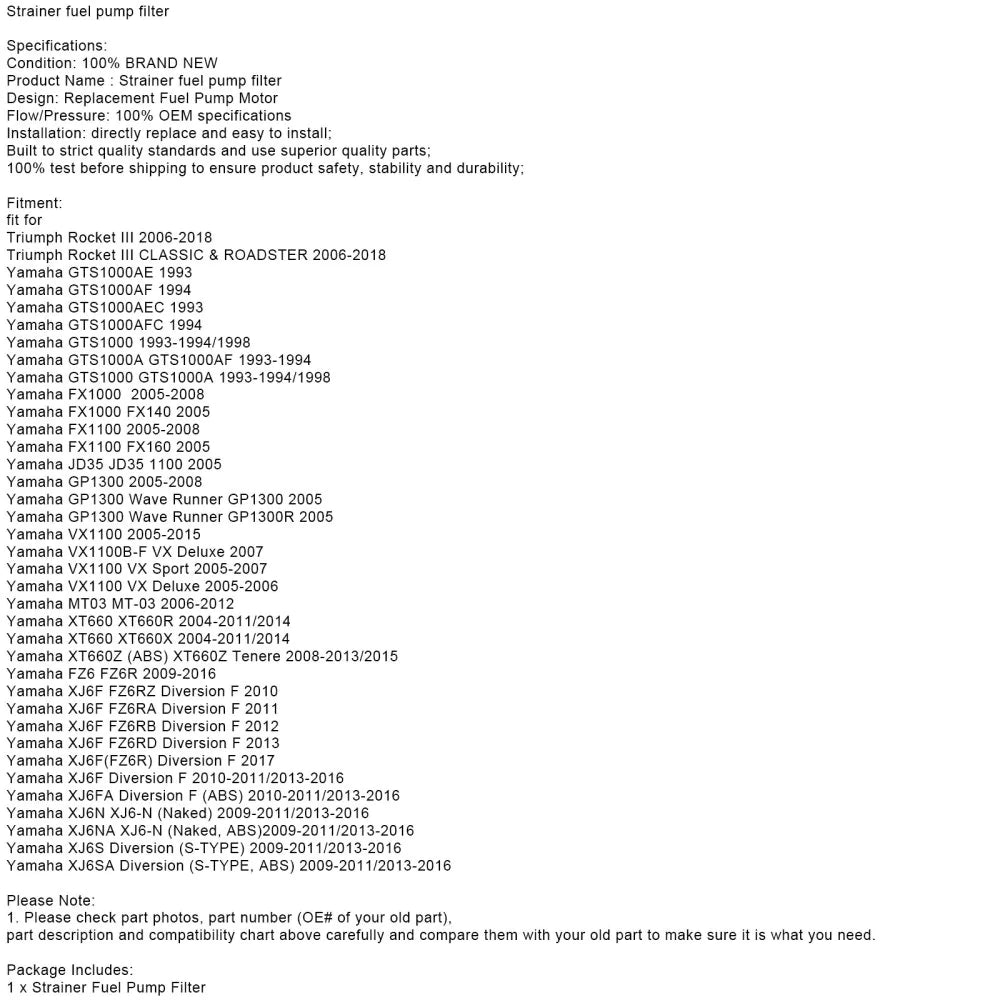 Oletko myymäläsi polttoainepumpun suodatin Yamaha GTS1000 FX1000 XT660 XJ6F VX1100 Rocket III:lle