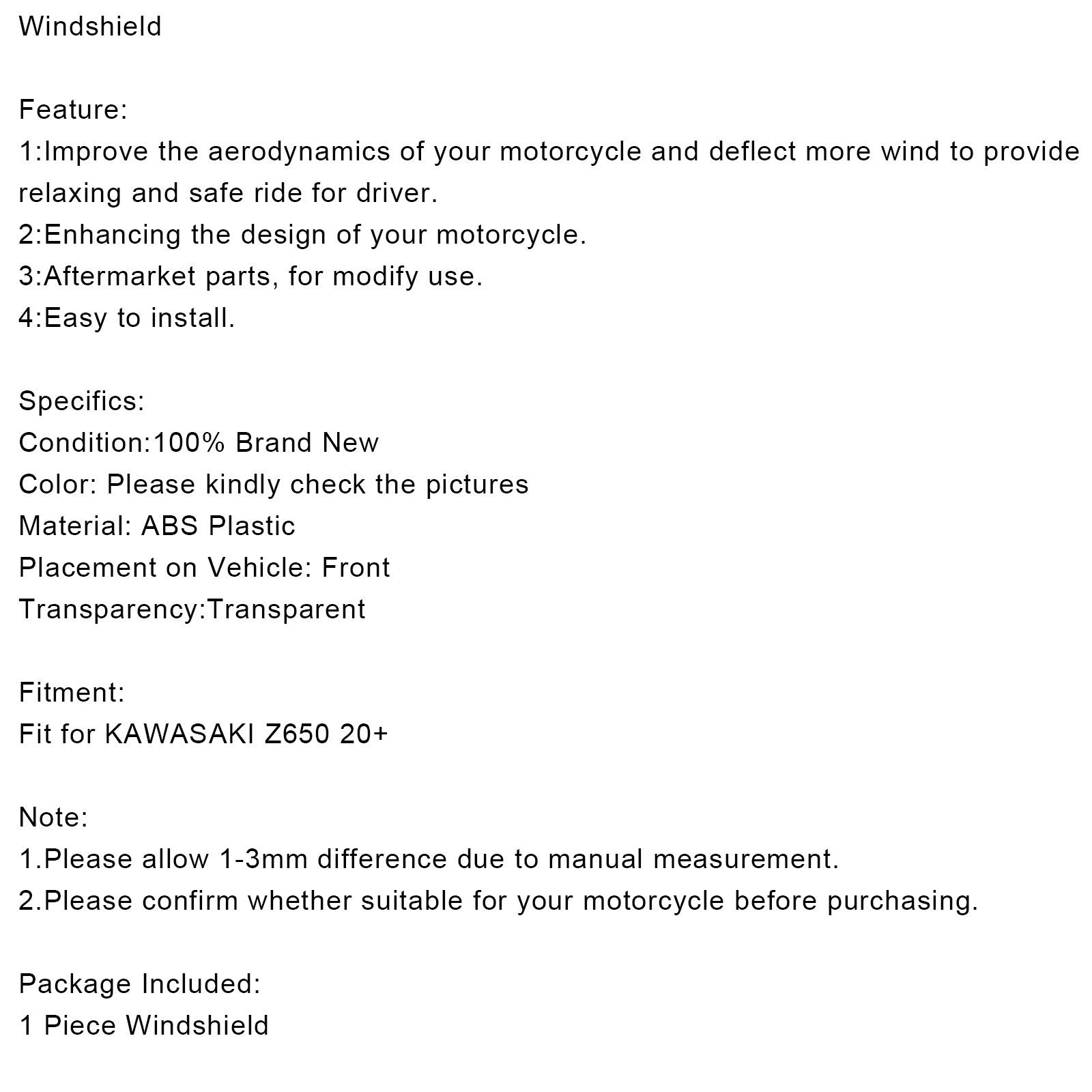 Parabrezza parabrezza per kawasaki z650 20+ generico