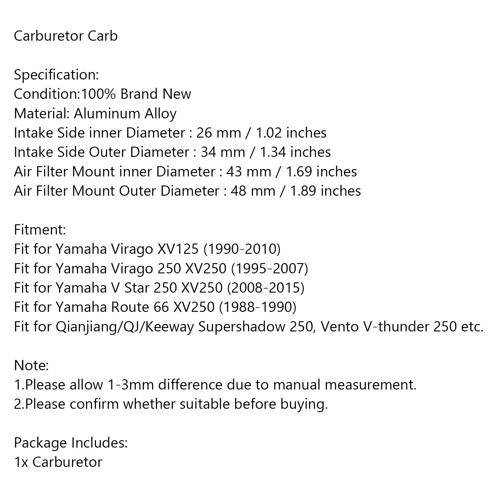 Carburateur pour Yamaha Virago Xv125 Vstar 250 Virago 250 Route66 Xv250