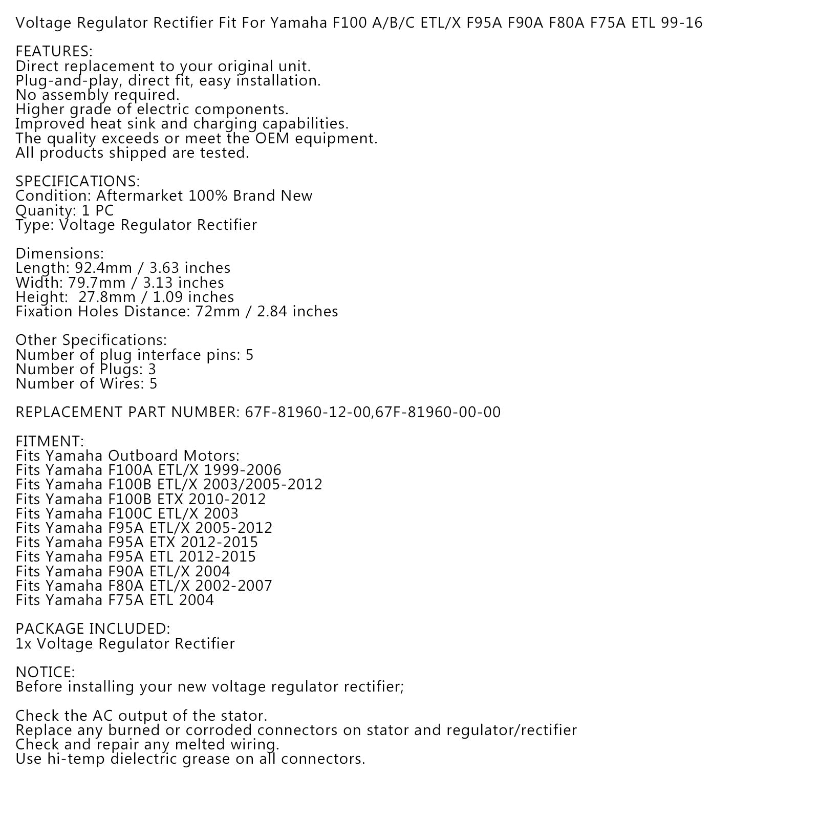 Tasasuuntaajan säädin Yamaha-perämoottorille PN/ 67F-81960-12-00 67F-81960-00-00 Generic