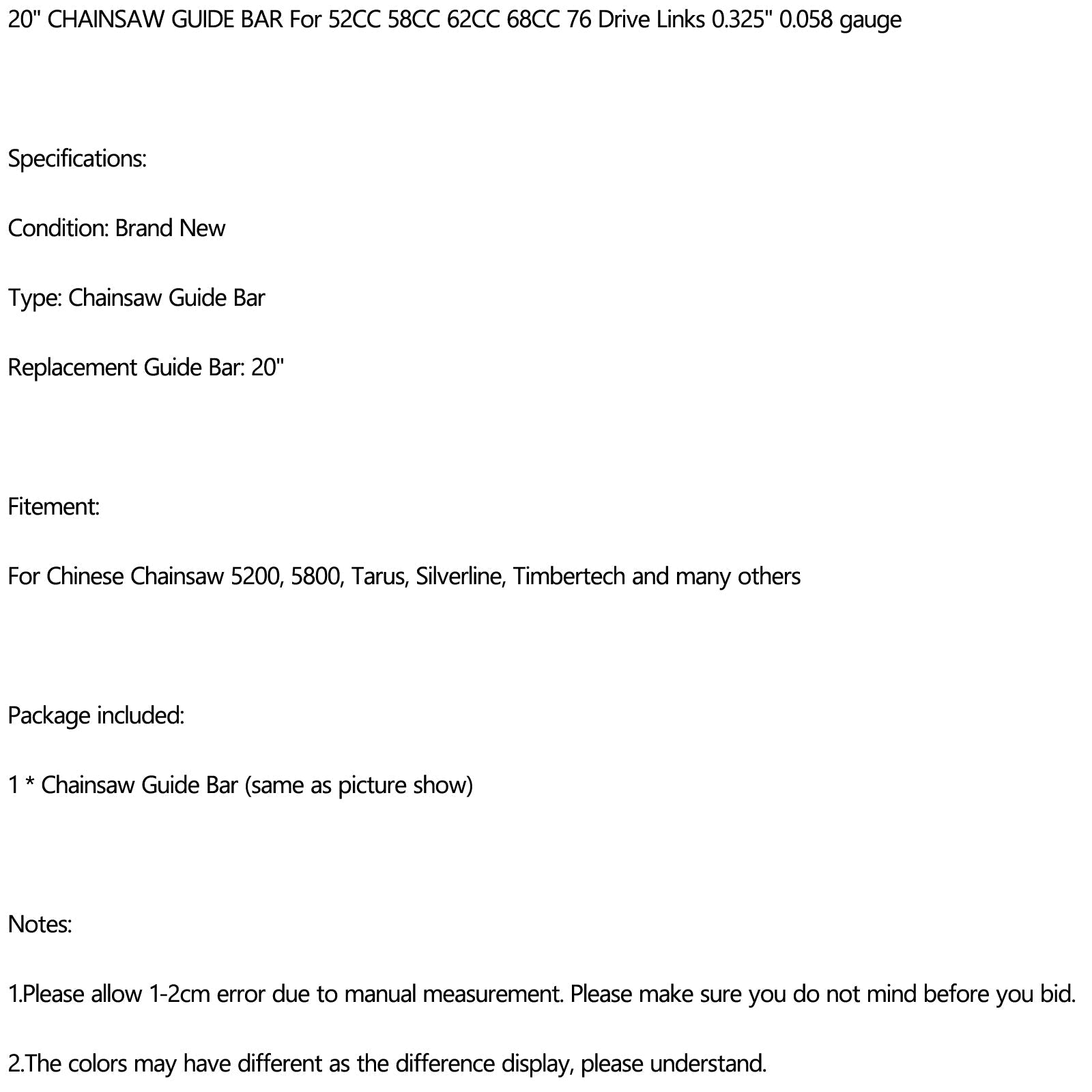 20'' Kettingzaaggeleider voor 52CC 58CC 62CC 68CC 76 Drive Links 0.325'' 0.058 Gauge Generiek