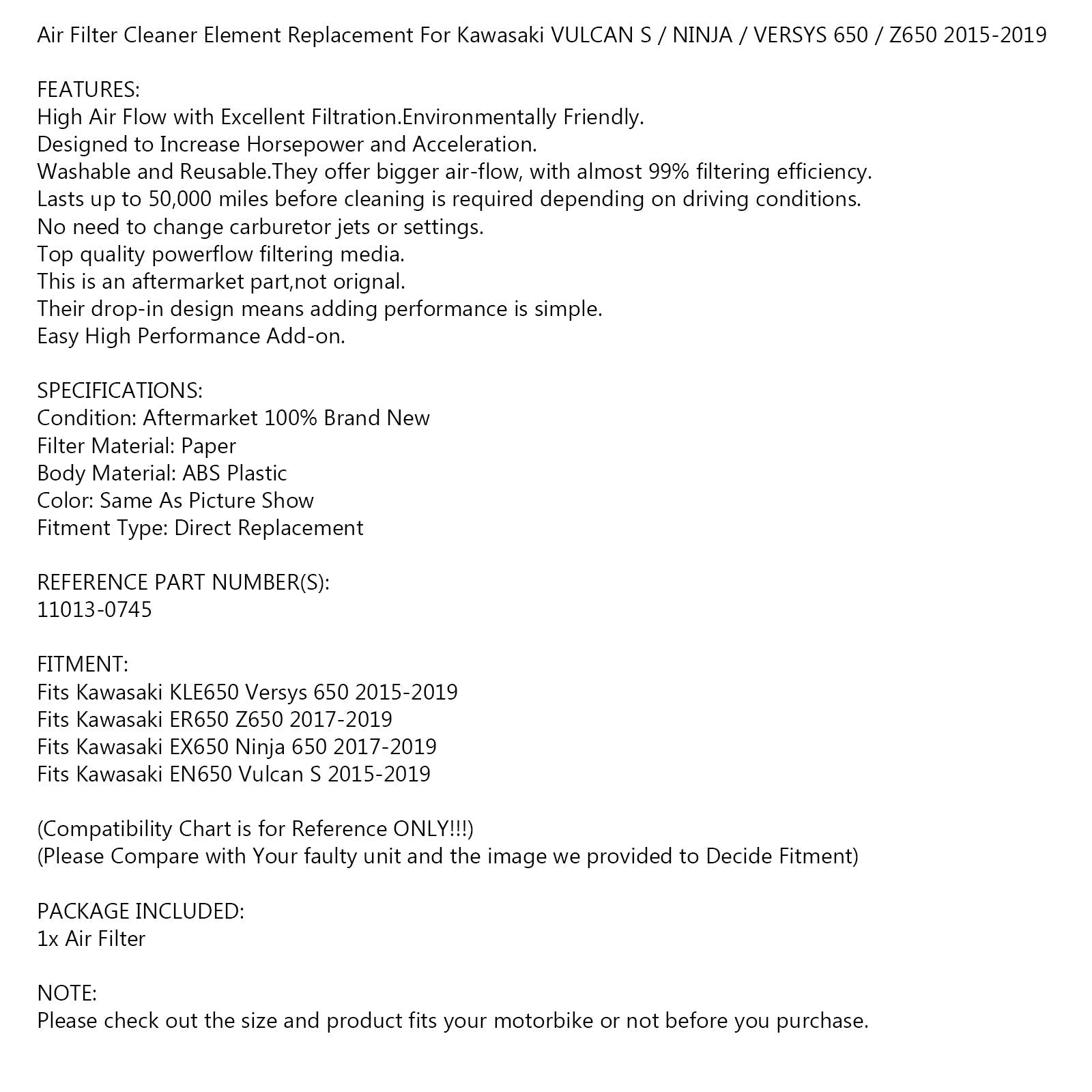 Zračni filter za Kawasaki 11013-0745 Vulkan S/ninja/Versys 650 Z650 15-19 generično