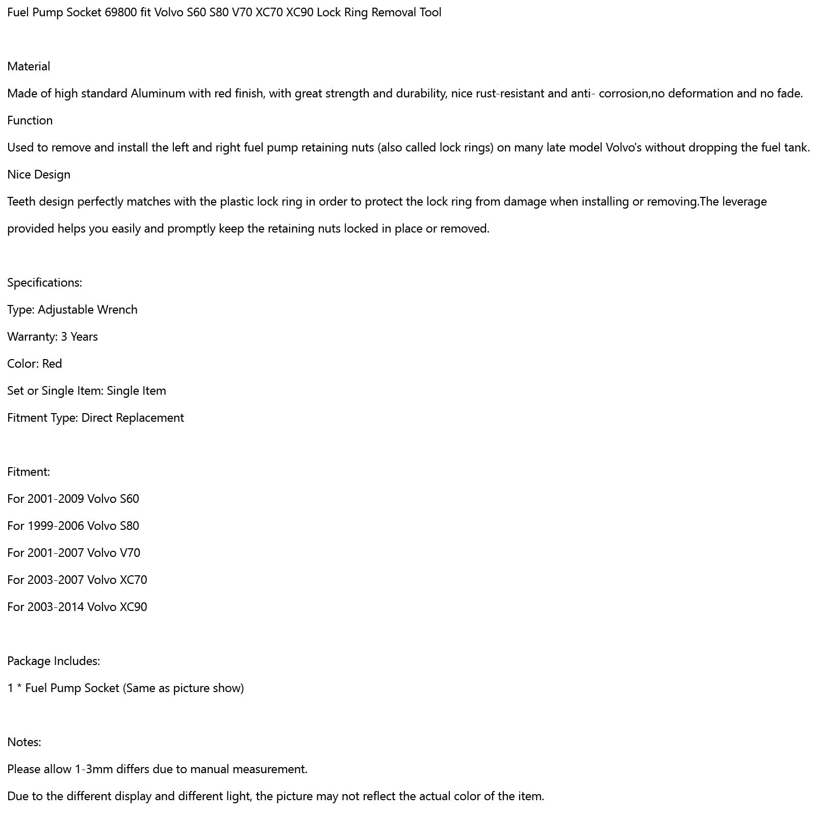 Presa pompa carburante 69800 per Volvo S60 S80 V70 XC70 XC90 Strumento di rimozione anello di bloccaggio generico